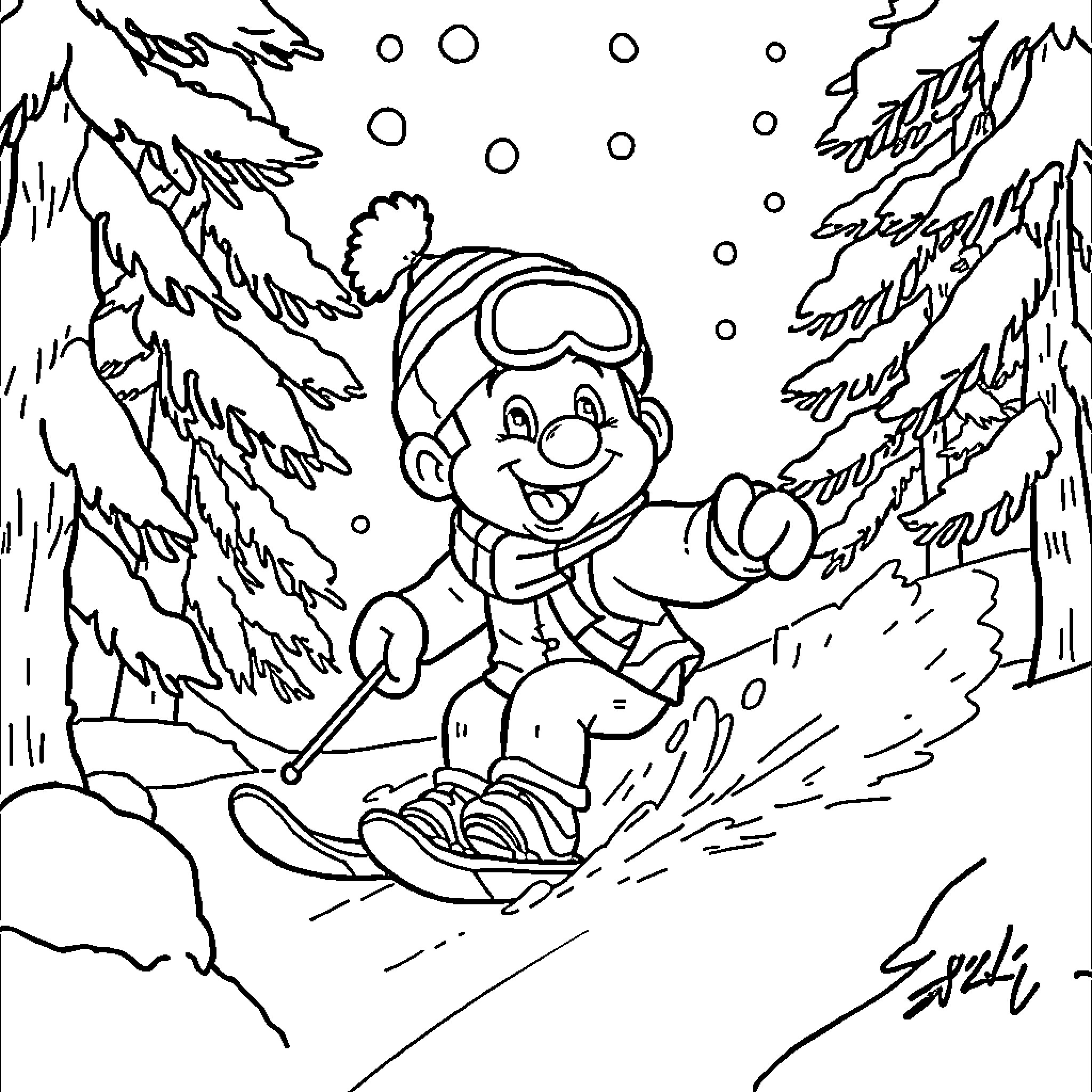 El Chavo Skiing Through Snowy Landscape Coloring Page (free black-and-white line drawing printable PDF for all, from beginners to advanced learners, including children, teens, adults, and seniors)
