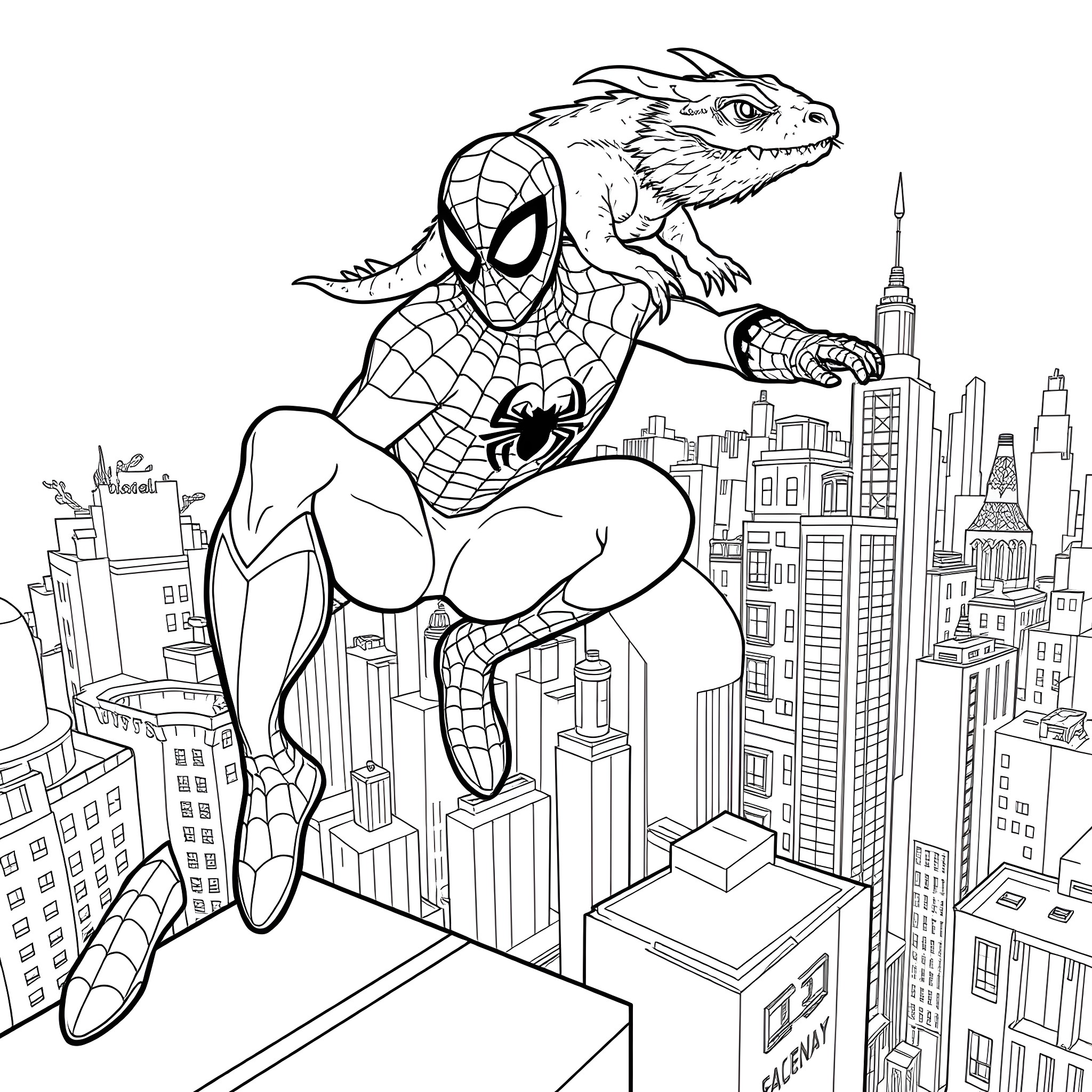 Spiderman leaping over skyscrapers in action pose Coloring Page (free black-and-white line drawing printable PDF for all, from beginners to advanced learners, including children, teens, adults, and seniors)