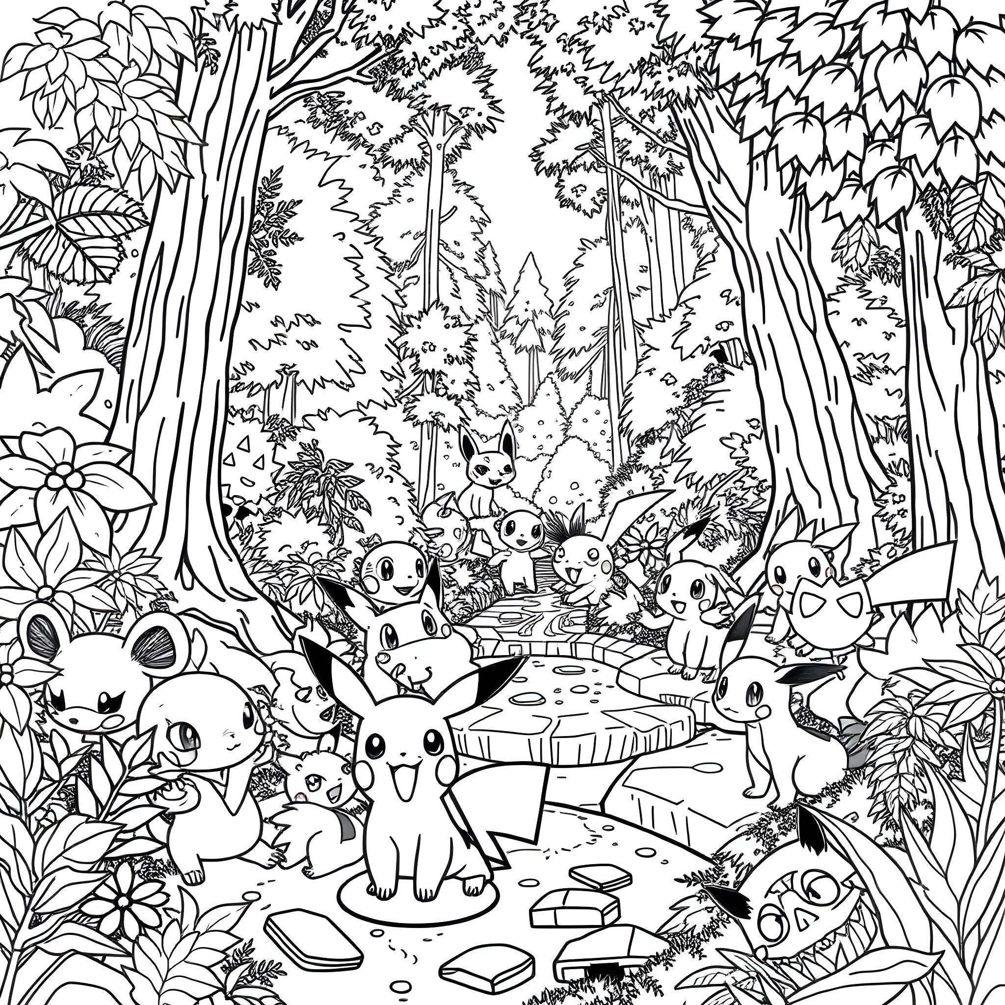 Pokémon characters in a lush forest scene Coloring Page (free black-and-white line drawing printable PDF for all, from beginners to advanced learners, including children, teens, adults, and seniors)