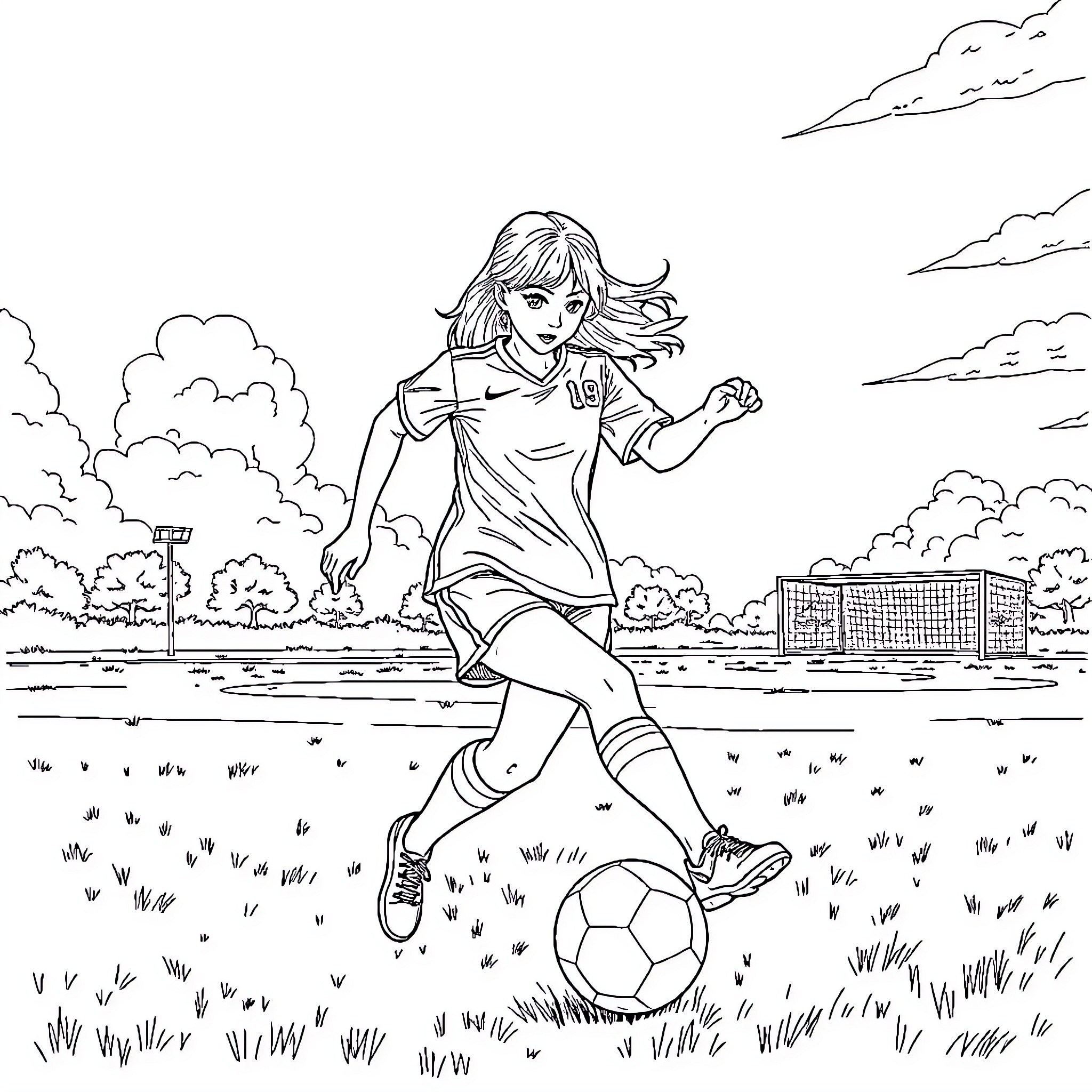 Mira's Joyful Soccer Match in the Park Coloring Page (free black-and-white line drawing printable PDF for all, from beginners to advanced learners, including children, teens, adults, and seniors)