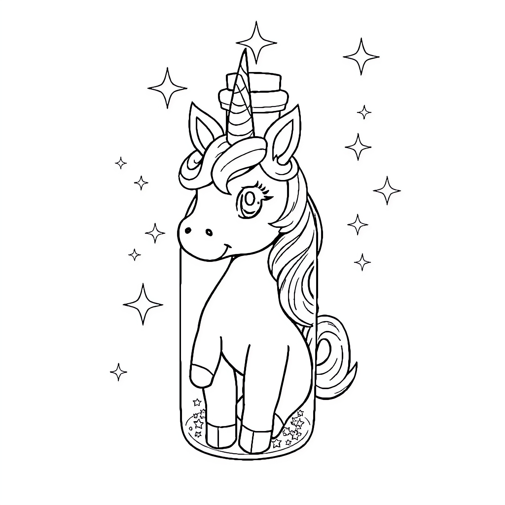 Unicorn with Magical Sparkles and Whimsical Accessories Coloring Page (free black-and-white line drawing printable PDF for all, from beginners to advanced learners, including children, teens, adults, and seniors)