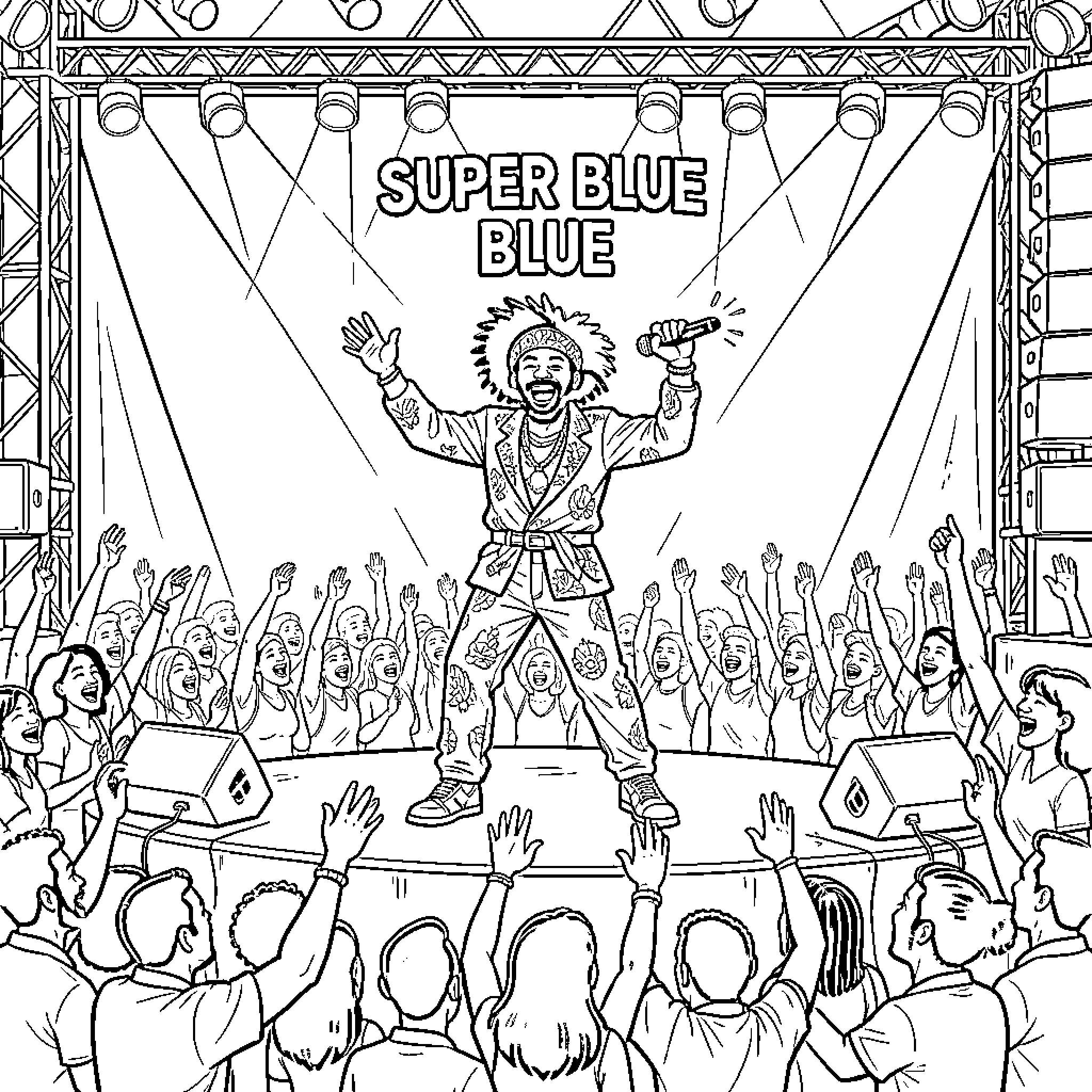 Super Blue Rocking Concert Performance Coloring Page (free black-and-white line drawing printable PDF for all, from beginners to advanced learners, including children, teens, adults, and seniors)