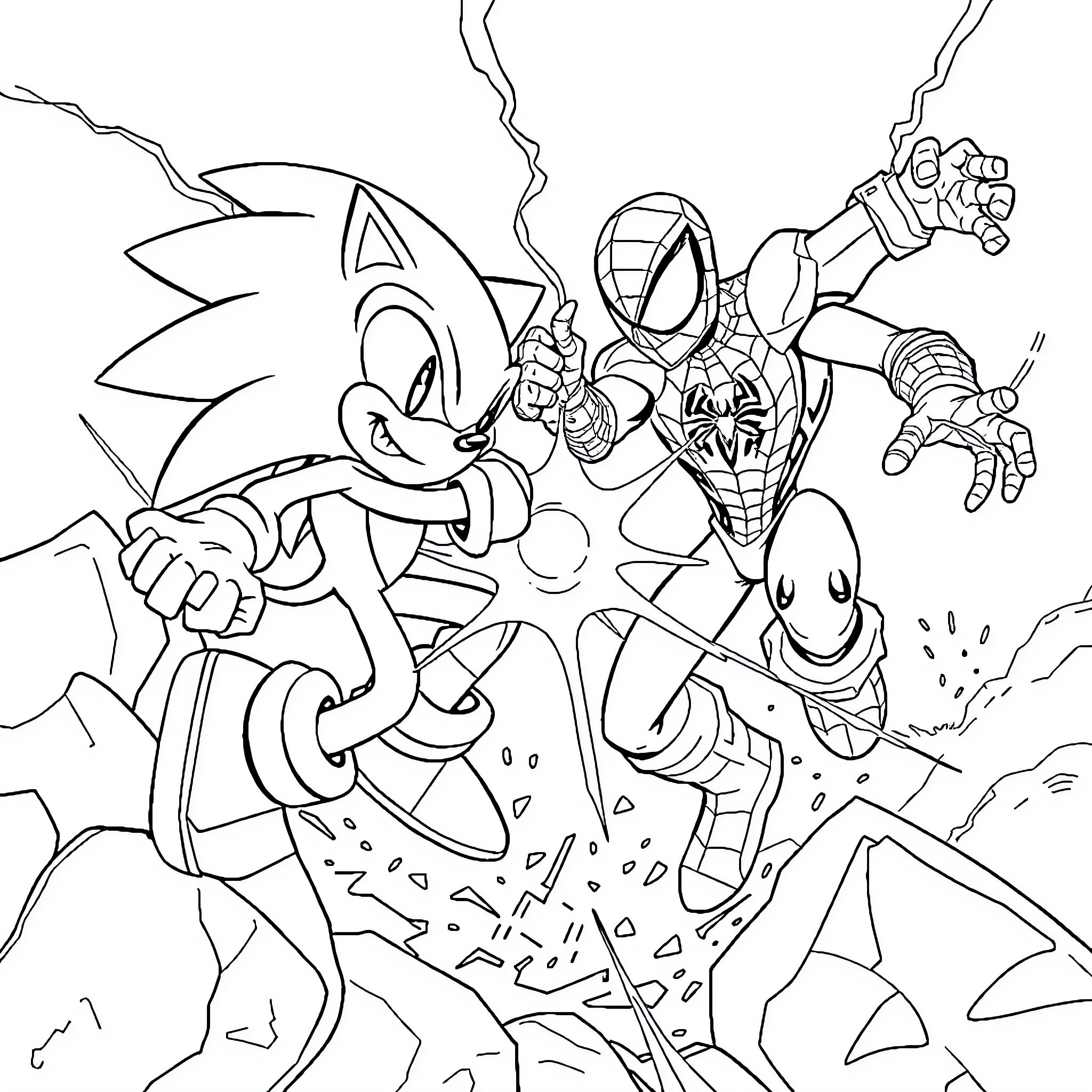 Sonic and Spiderman engage in dynamic action Coloring Page (free black-and-white line drawing printable PDF for all, from beginners to advanced learners, including children, teens, adults, and seniors)