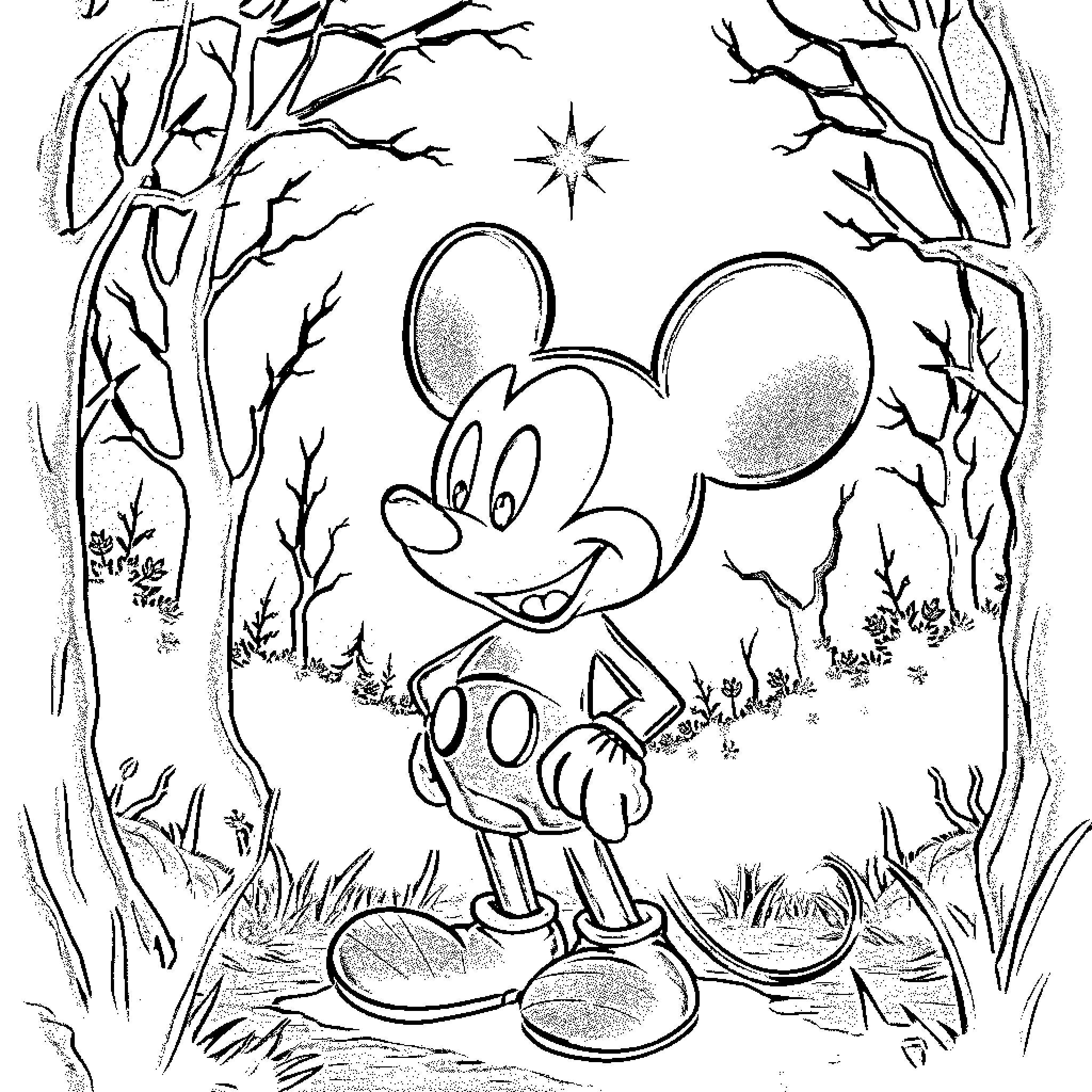 Mickey Mouse exploring the enchanting forest Coloring Page (free black-and-white line drawing printable PDF for all, from beginners to advanced learners, including children, teens, adults, and seniors)