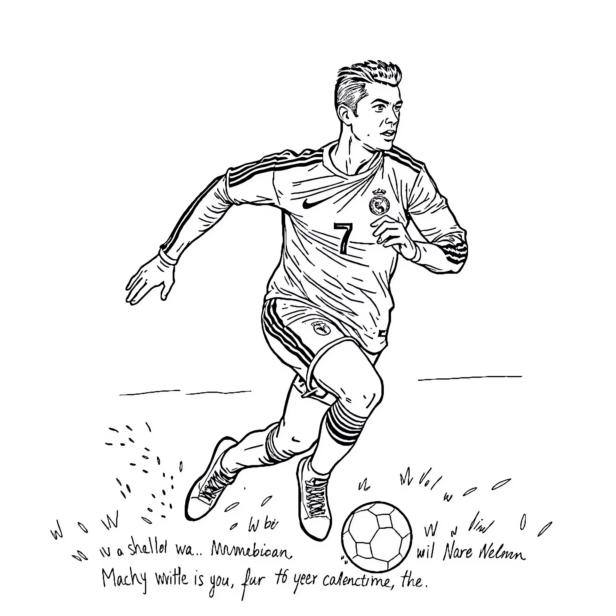 Cristiano Ronaldo sprinting with soccer ball on field Coloring Page (free black-and-white line drawing printable PDF for all, from beginners to advanced learners, including children, teens, adults, and seniors)