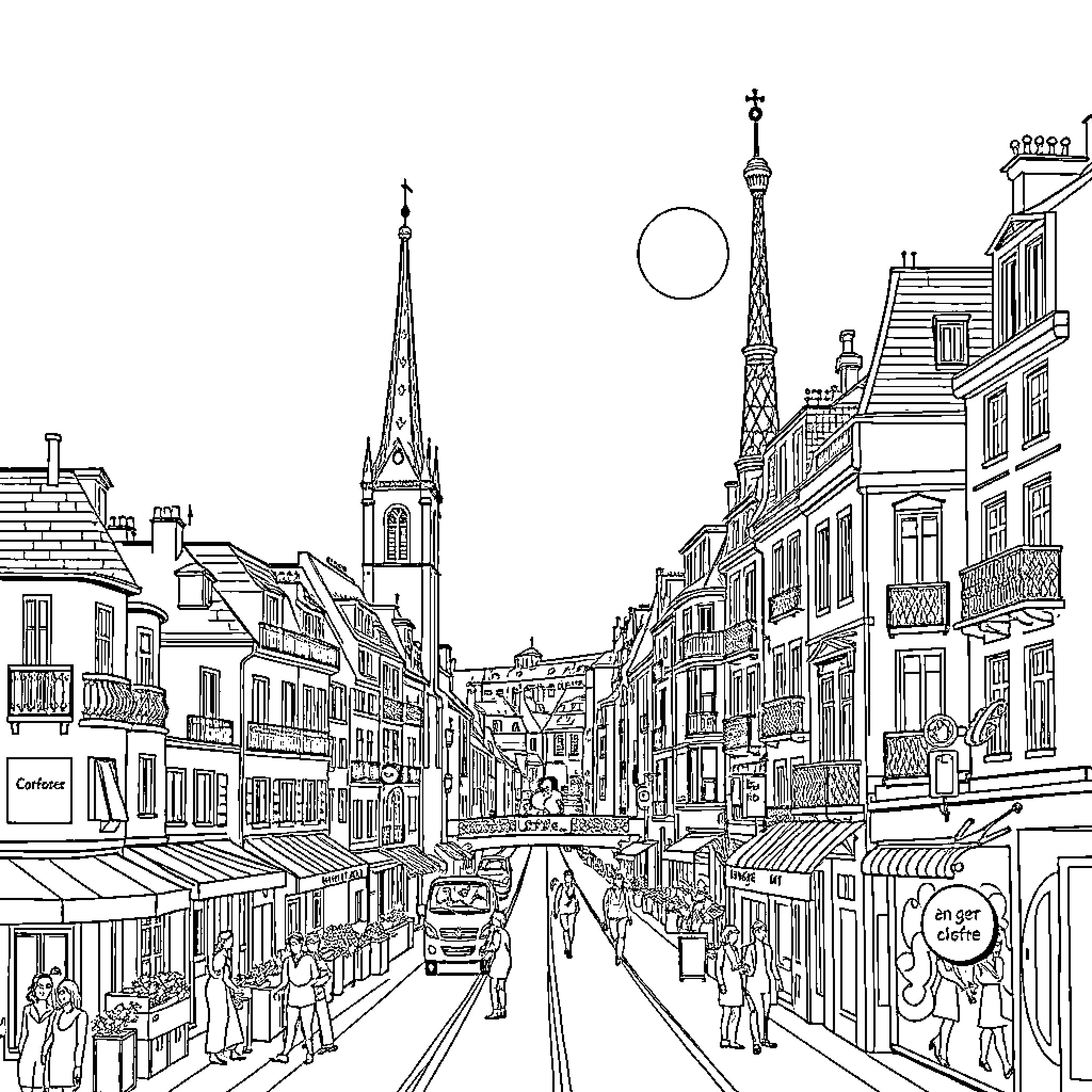 City street scene with architecture and pedestrians Coloring Page (free black-and-white line drawing printable PDF for all, from beginners to advanced learners, including children, teens, adults, and seniors)
