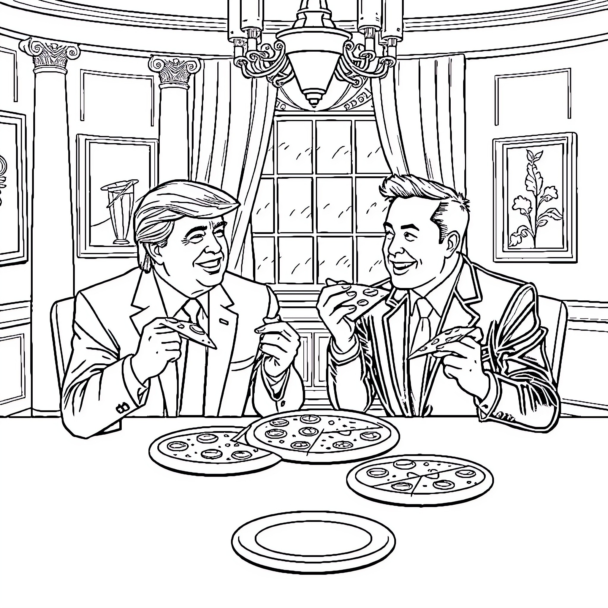 Donald Trump and friend enjoying pizza in the Oval Office Coloring Page (free black-and-white line drawing printable PDF for all, from beginners to advanced learners, including children, teens, adults, and seniors)