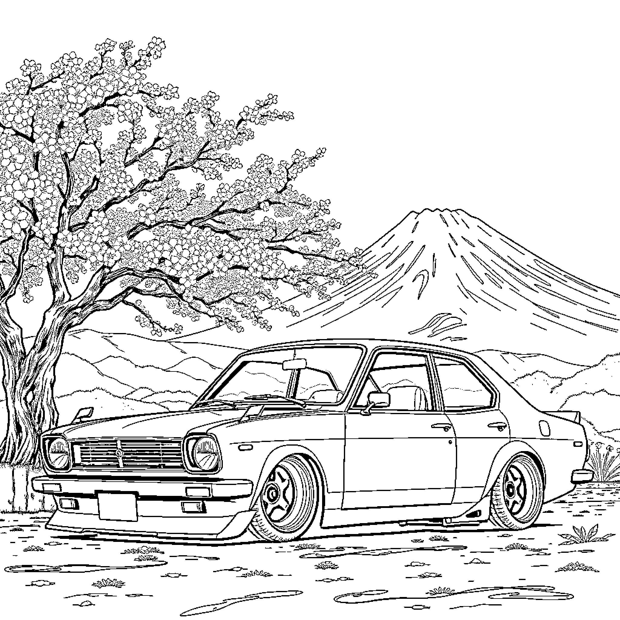 Datsun coupe with cherry blossoms and Mount Fuji Coloring Page (free black-and-white line drawing printable PDF for all, from beginners to advanced learners, including children, teens, adults, and seniors)