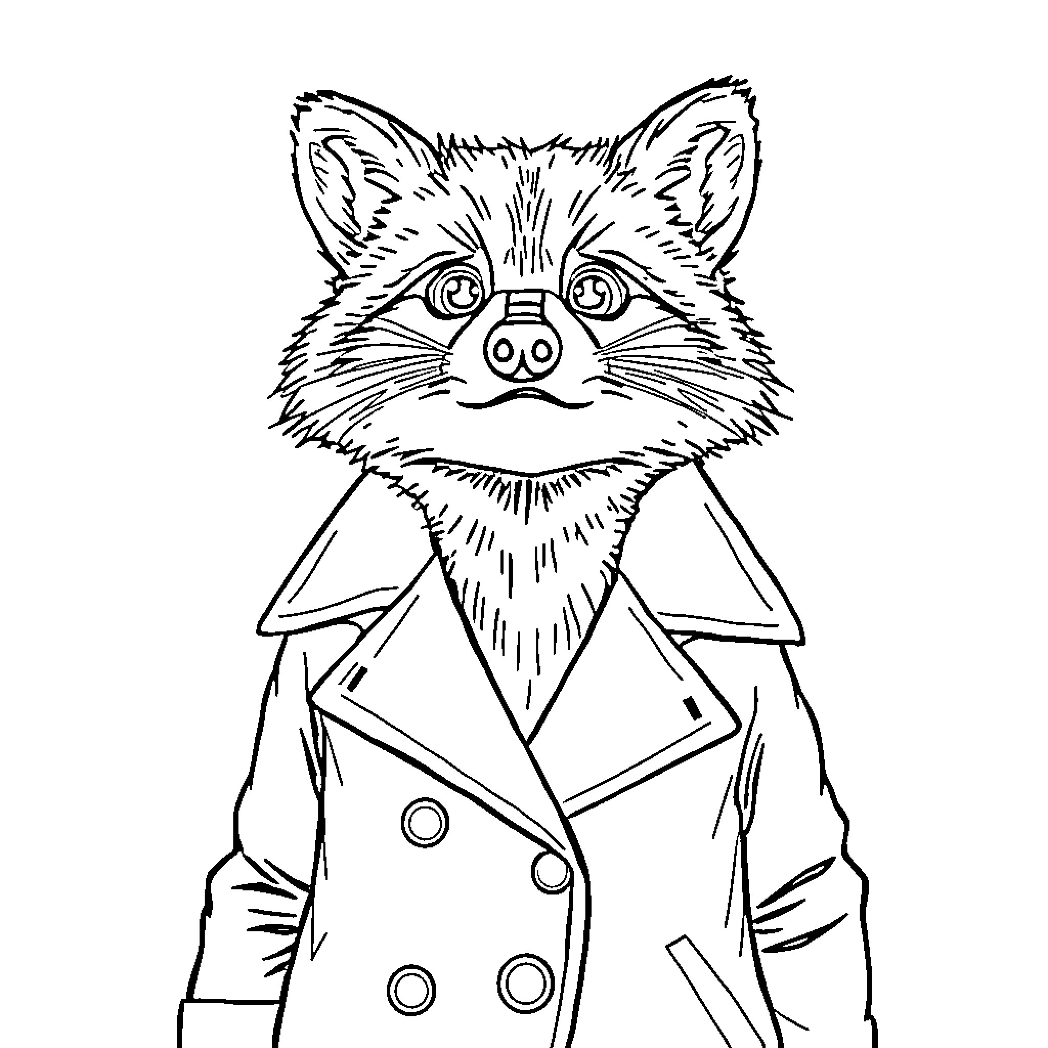 Raccoon dressed in a stylish coat Coloring Page (free black-and-white line drawing printable PDF for all, from beginners to advanced learners, including children, teens, adults, and seniors)
