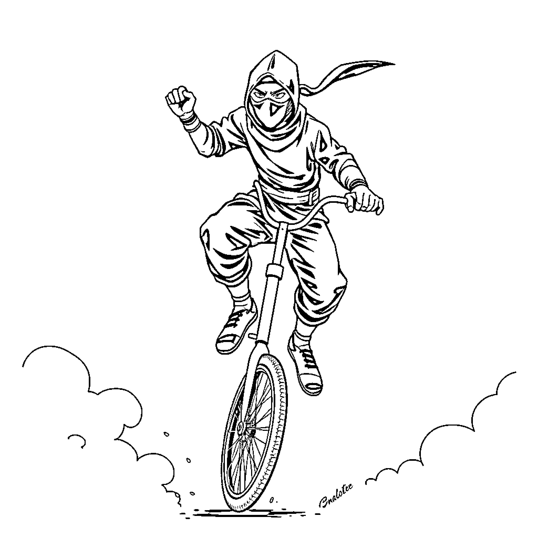 Ninja performing acrobatic tricks on unicycle Coloring Page (free black-and-white line drawing printable PDF for all, from beginners to advanced learners, including children, teens, adults, and seniors)