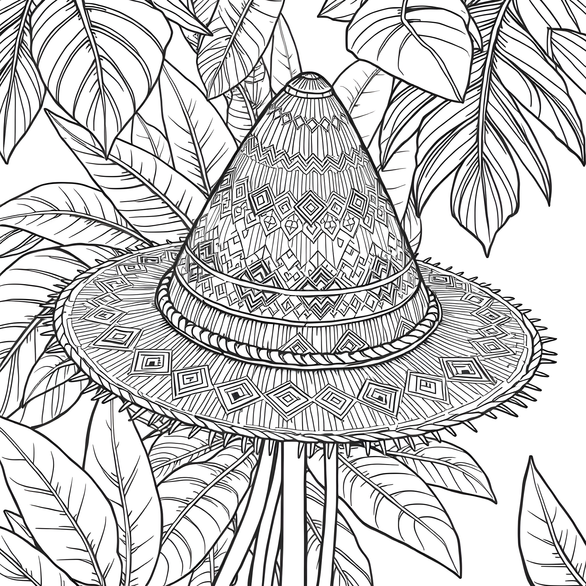 Hat with Intricate Patterns in Tropical Foliage Coloring Page (free black-and-white line drawing printable PDF for all, from beginners to advanced learners, including children, teens, adults, and seniors)