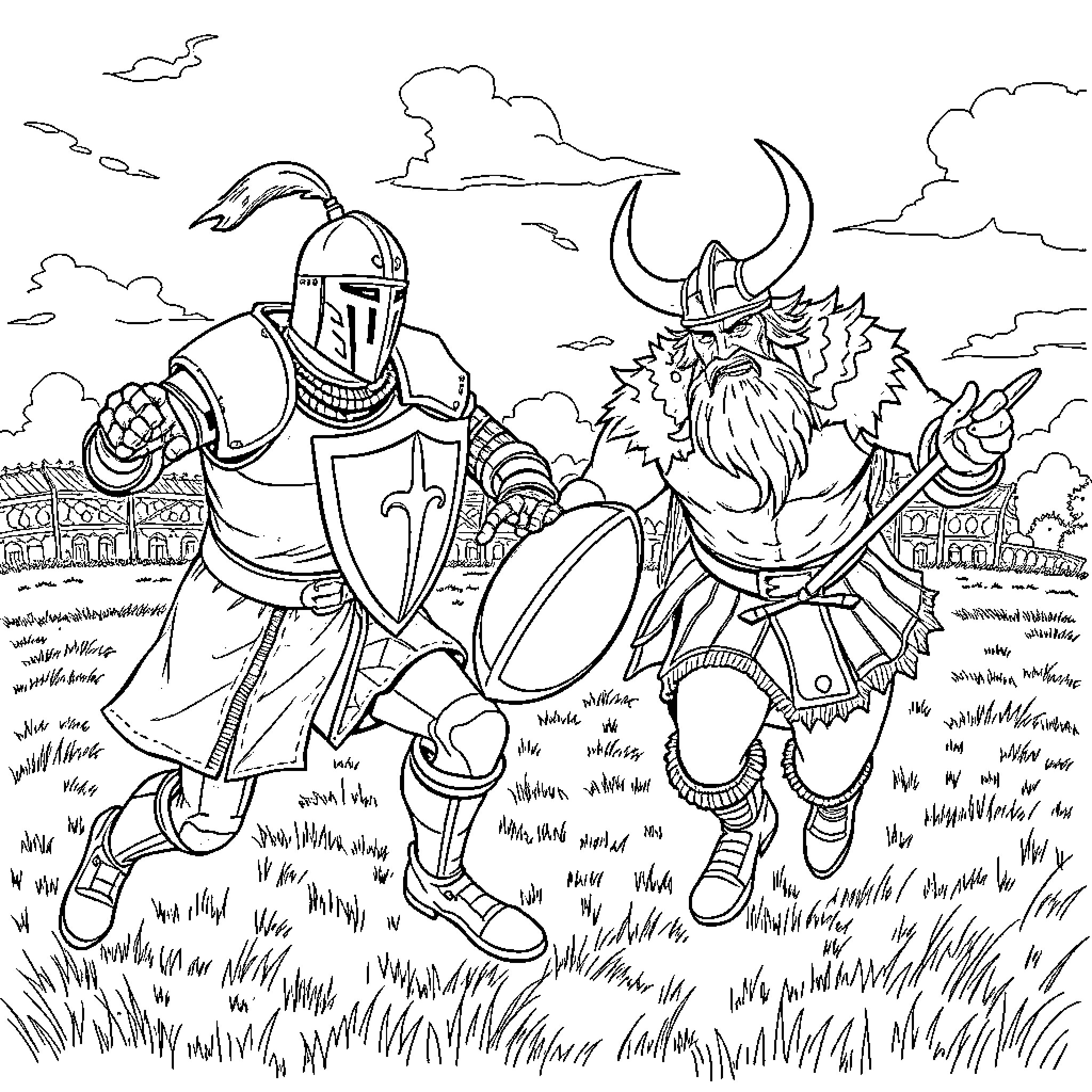 Knight and Viking Warriors Facing Off in Battle Coloring Page (free black-and-white line drawing printable PDF for all, from beginners to advanced learners, including children, teens, adults, and seniors)