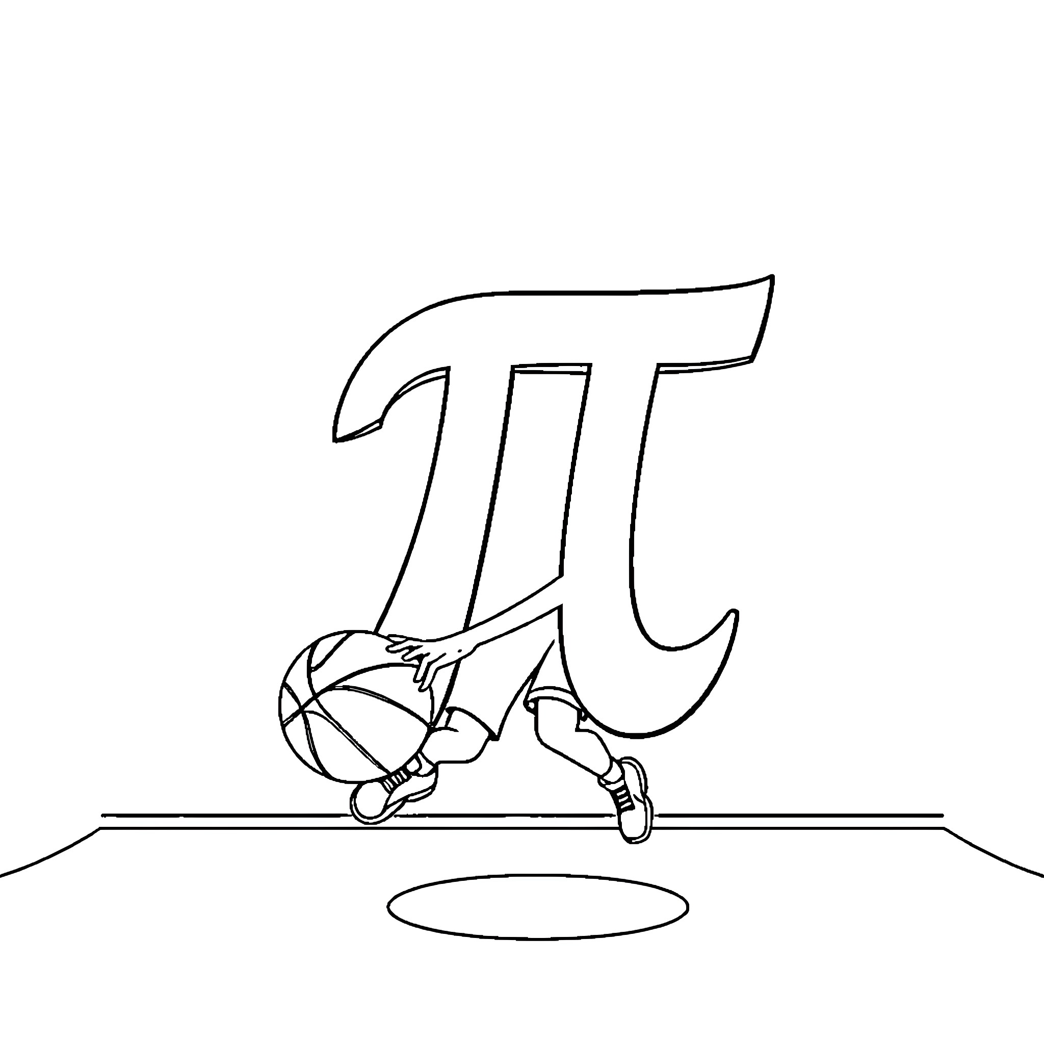 Pi symbol running on a track Coloring Page (free black-and-white line drawing printable PDF for all, from beginners to advanced learners, including children, teens, adults, and seniors)