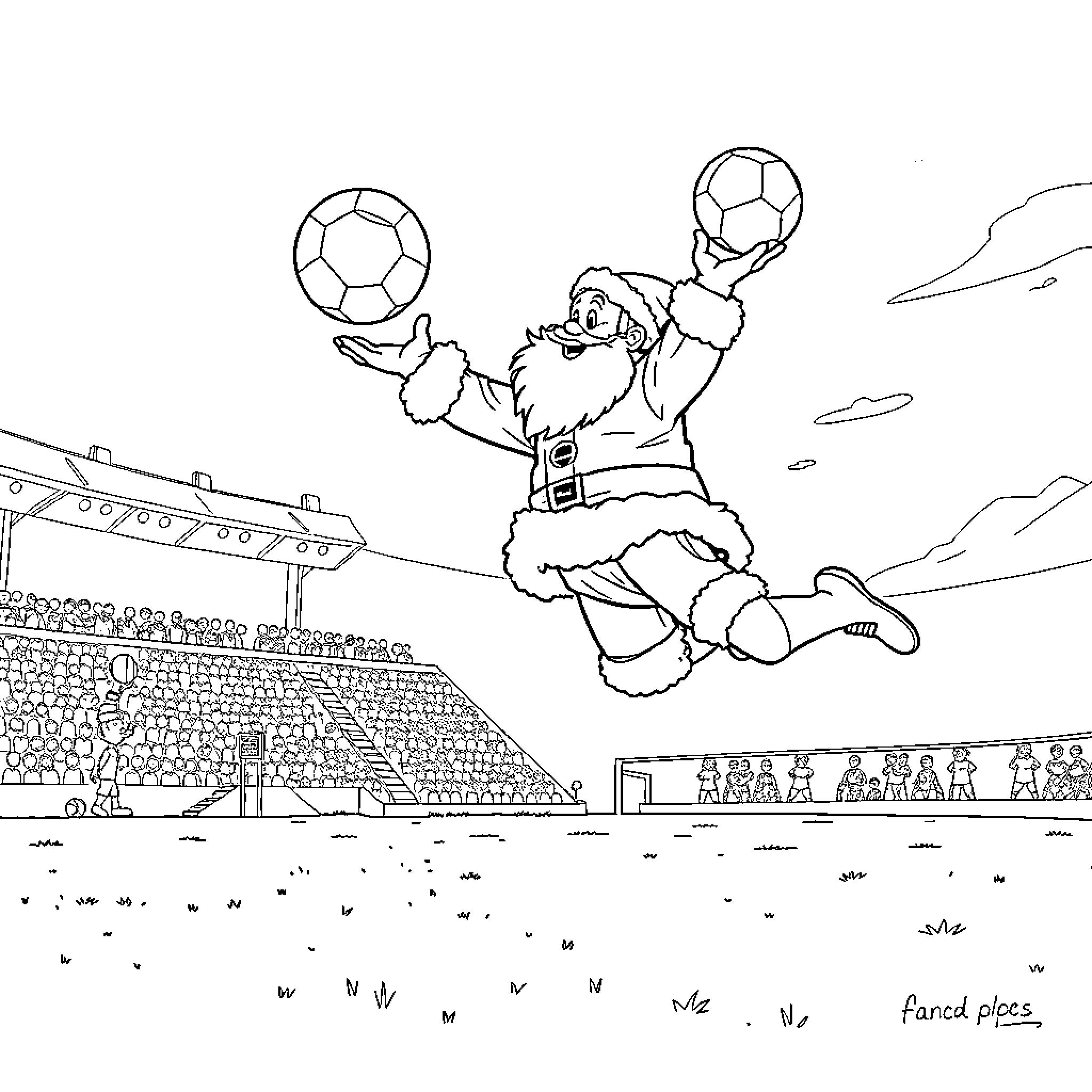 Father Christmas Playing Football in the Stadium Coloring Page (free black-and-white line drawing printable PDF for all, from beginners to advanced learners, including children, teens, adults, and seniors)