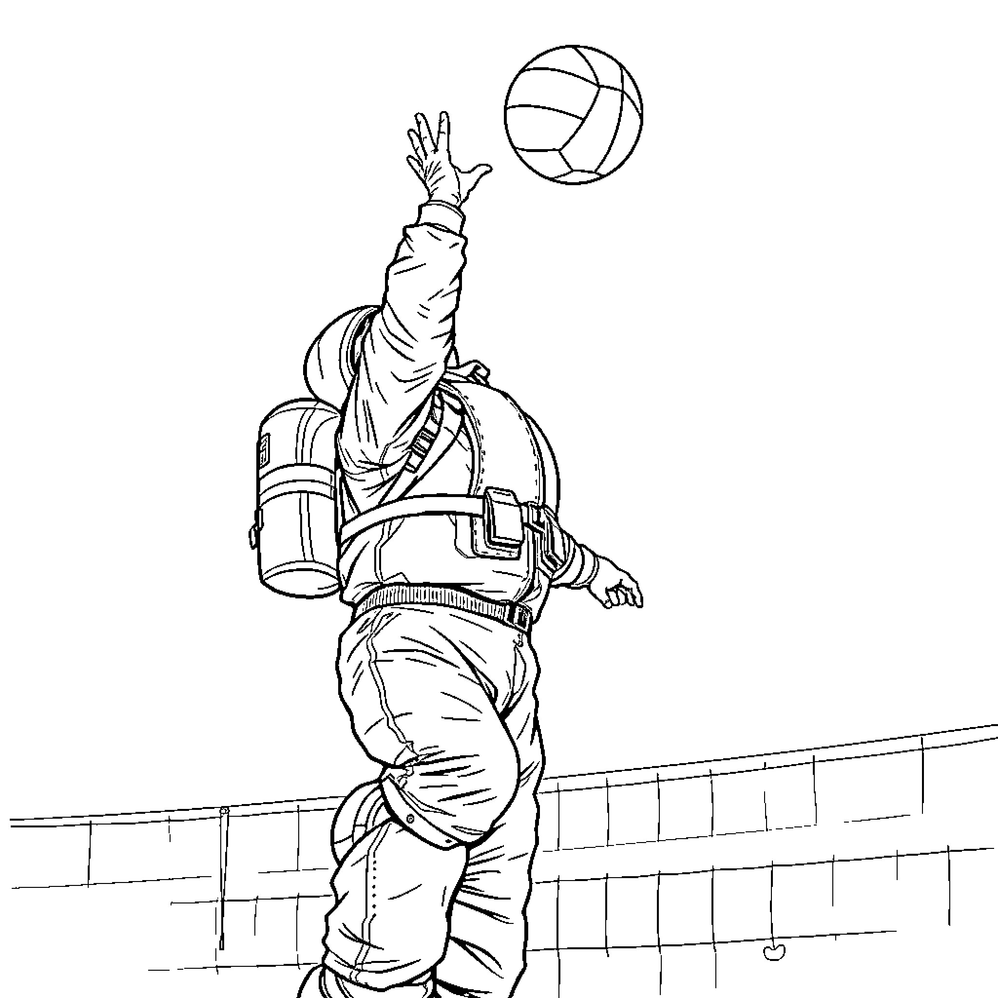 Man playing volleyball on a court Coloring Page (free black-and-white line drawing printable PDF for all, from beginners to advanced learners, including children, teens, adults, and seniors)