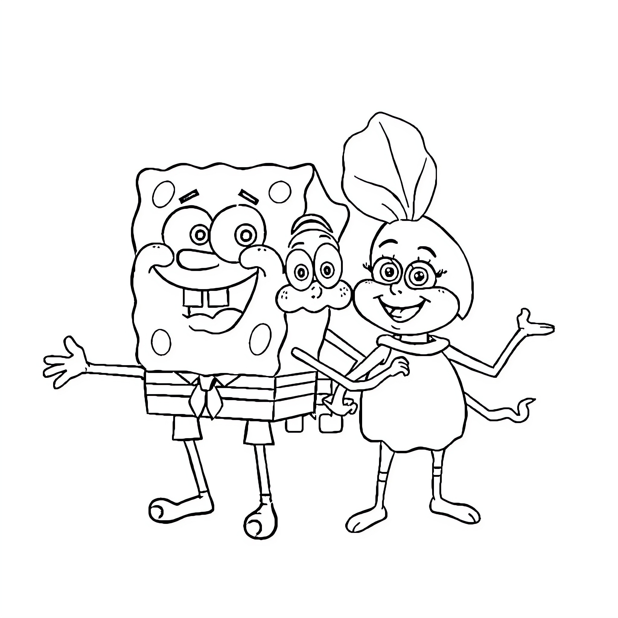Bob l'éponge and friends striking a pose Coloring Page (free black-and-white line drawing printable PDF for all, from beginners to advanced learners, including children, teens, adults, and seniors)