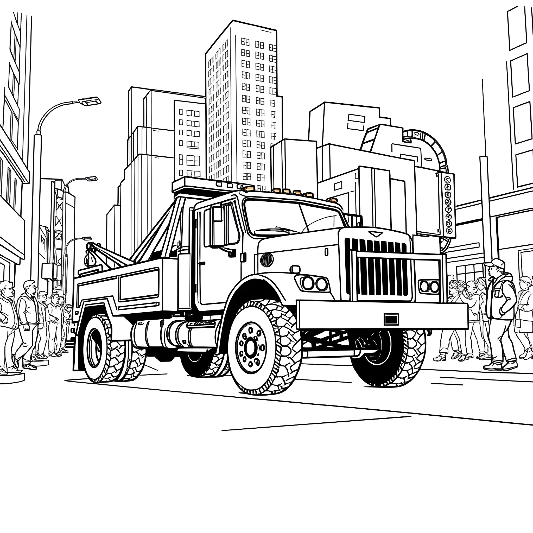 Tow Truck Assisting a Vehicle in a Busy City Coloring Page (free black-and-white line drawing printable PDF for all, from beginners to advanced learners, including children, teens, adults, and seniors)