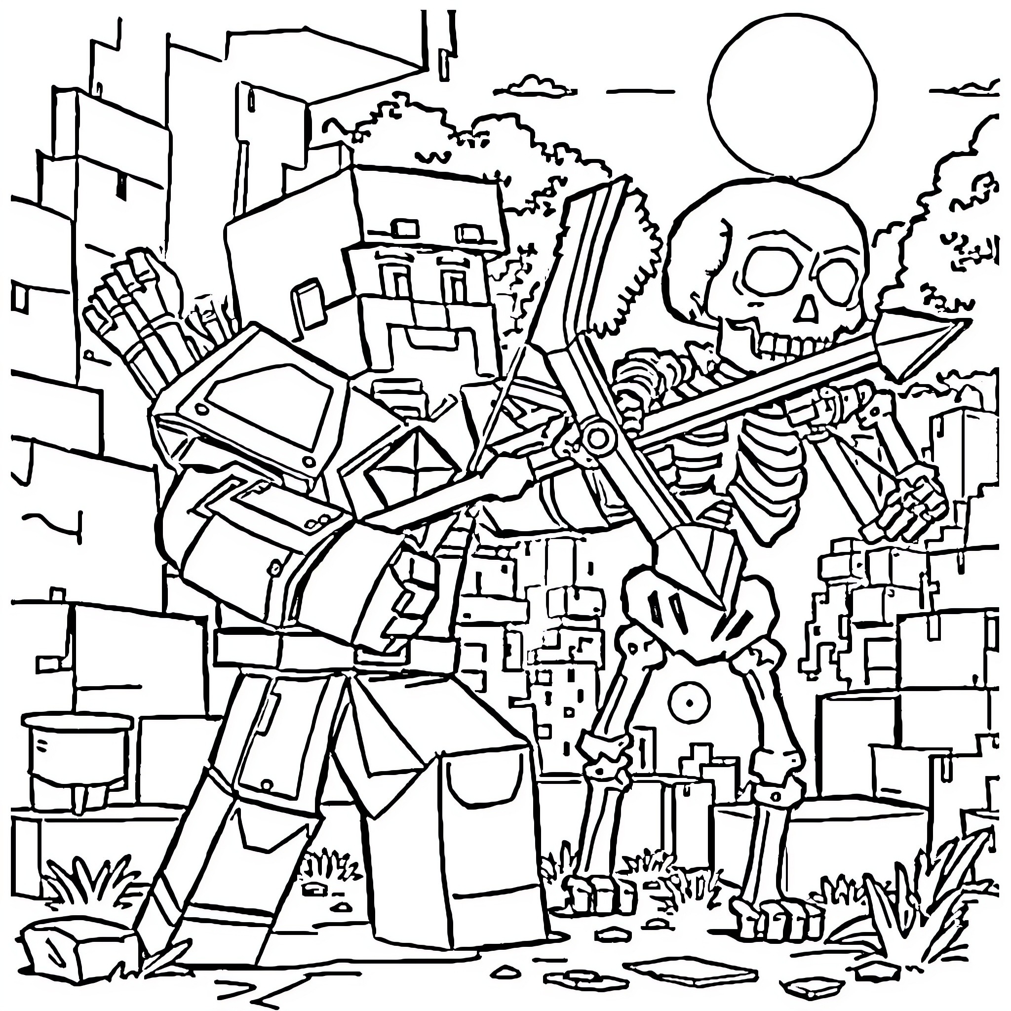 Steve's Adventure in the Futuristic City Coloring Page (free black-and-white line drawing printable PDF for all, from beginners to advanced learners, including children, teens, adults, and seniors)