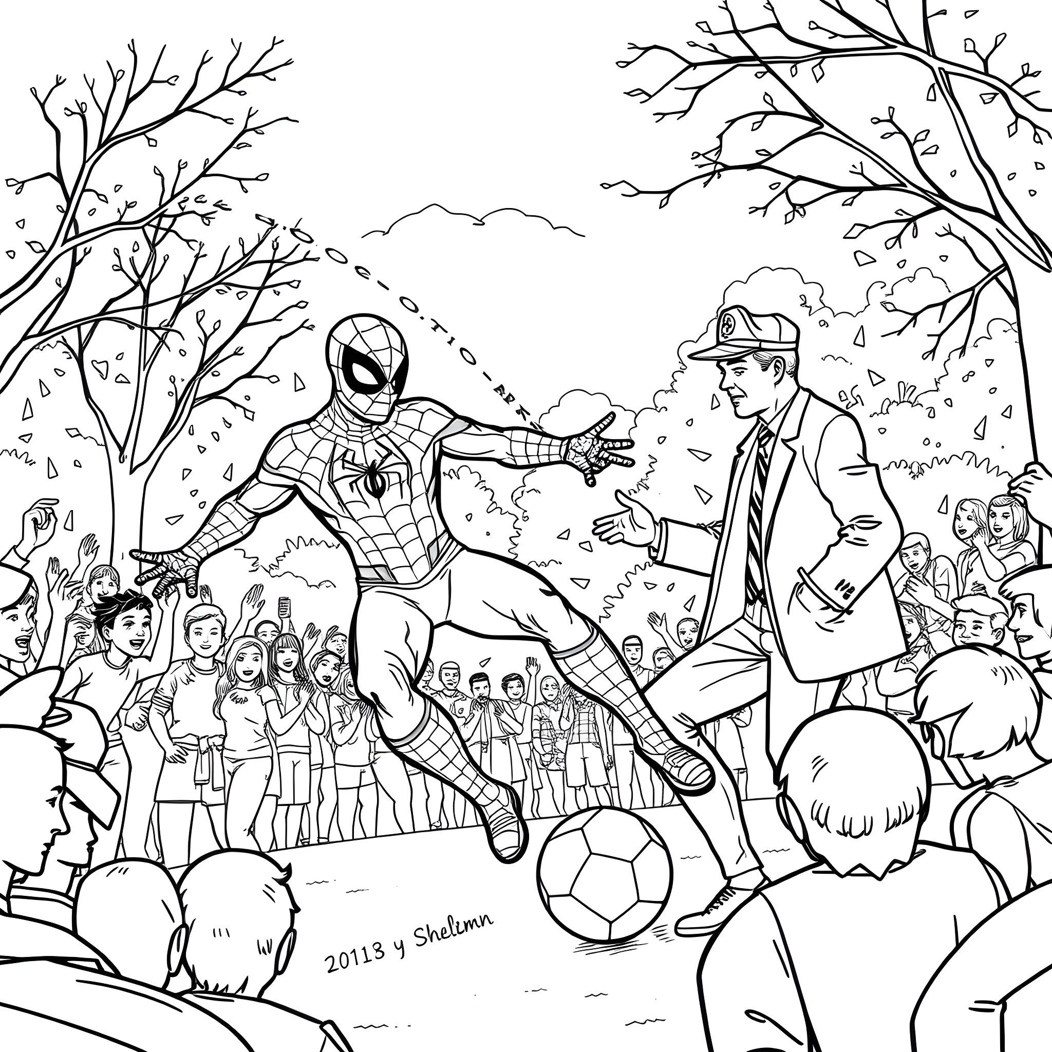 Spiderman saves the day in the park Coloring Page (free black-and-white line drawing printable PDF for all, from beginners to advanced learners, including children, teens, adults, and seniors)