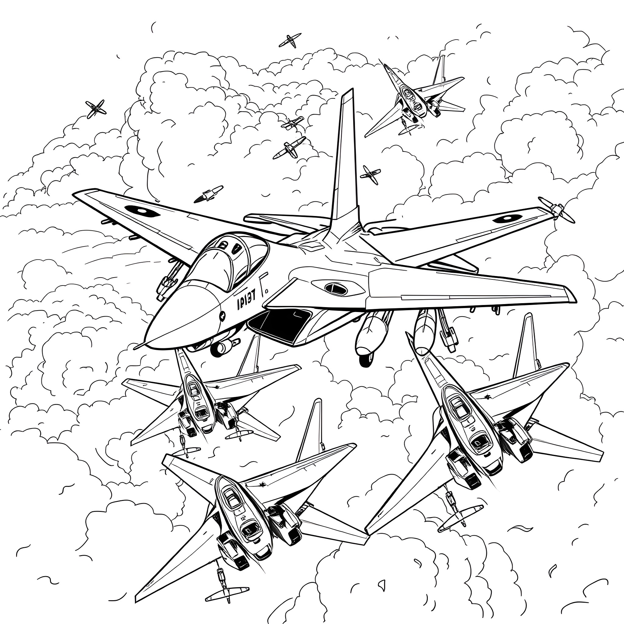 F14 Tomcat fighter jets in flight formation Coloring Page (free black-and-white line drawing printable PDF for all, from beginners to advanced learners, including children, teens, adults, and seniors)