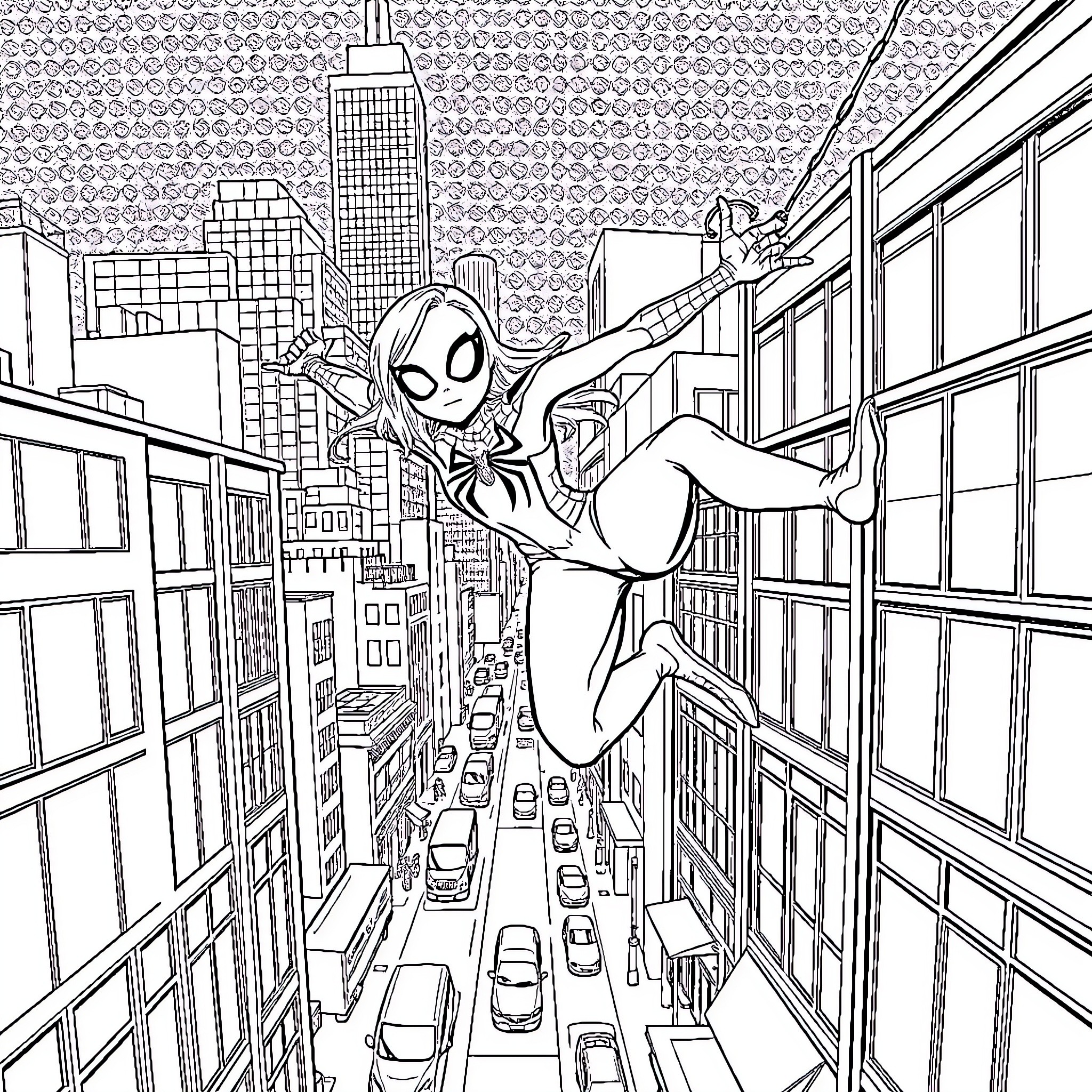 Spider Girl swinging through the city skyline Coloring Page (free black-and-white line drawing printable PDF for all, from beginners to advanced learners, including children, teens, adults, and seniors)