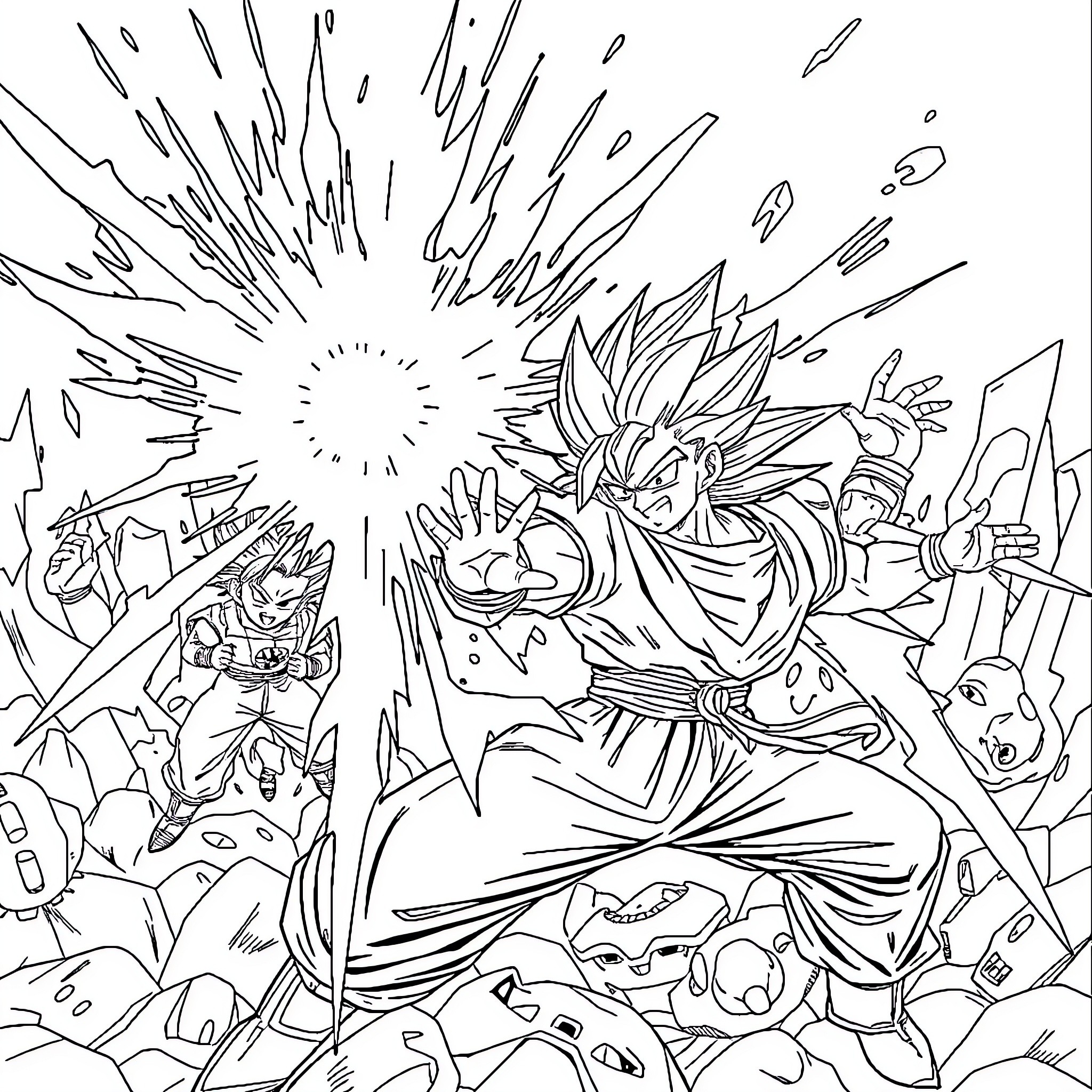 Dragon Ball Z: Intense Battle and Transformation Coloring Page (free black-and-white line drawing printable PDF for all, from beginners to advanced learners, including children, teens, adults, and seniors)