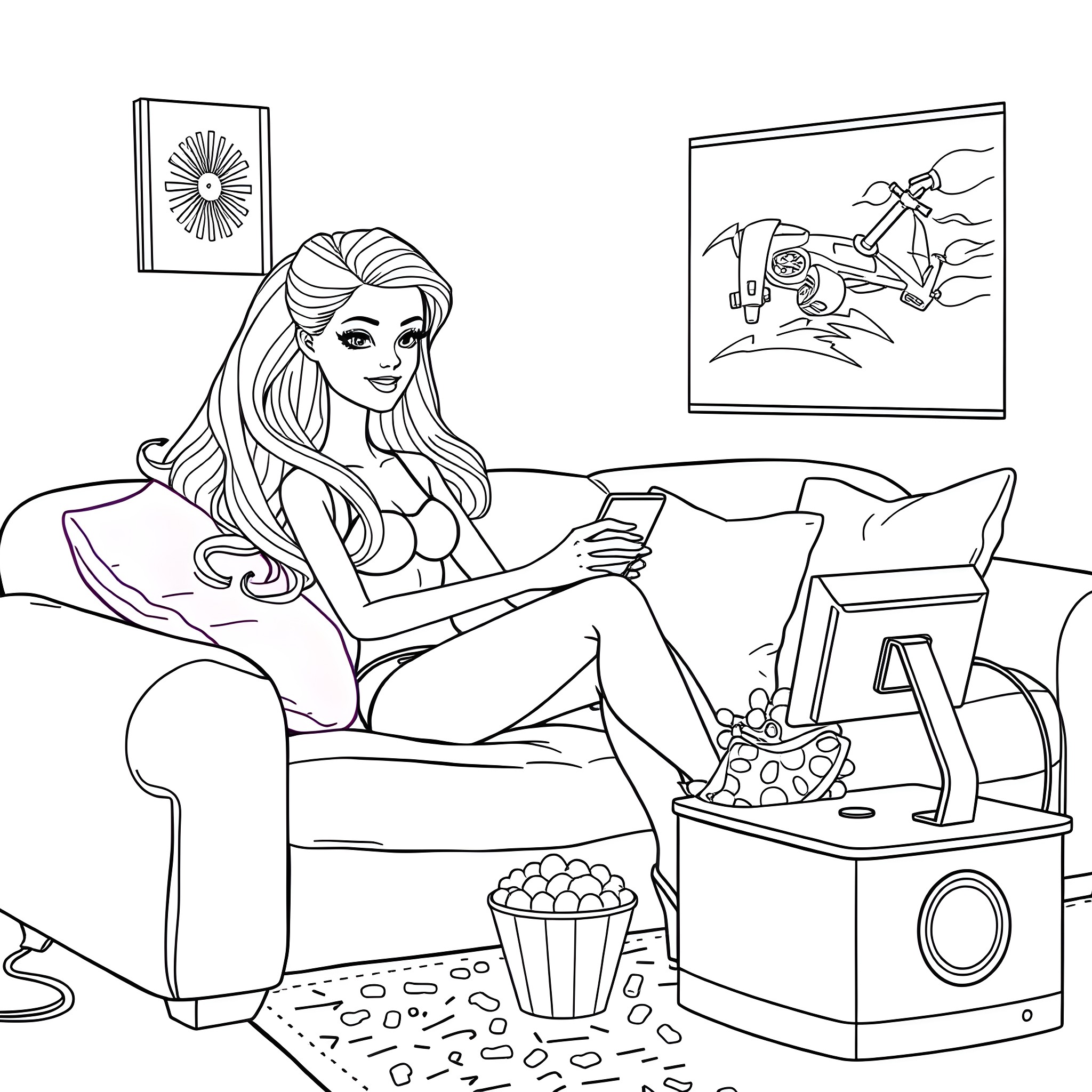 Barbie relaxing in her cozy living room Coloring Page (free black-and-white line drawing printable PDF for all, from beginners to advanced learners, including children, teens, adults, and seniors)