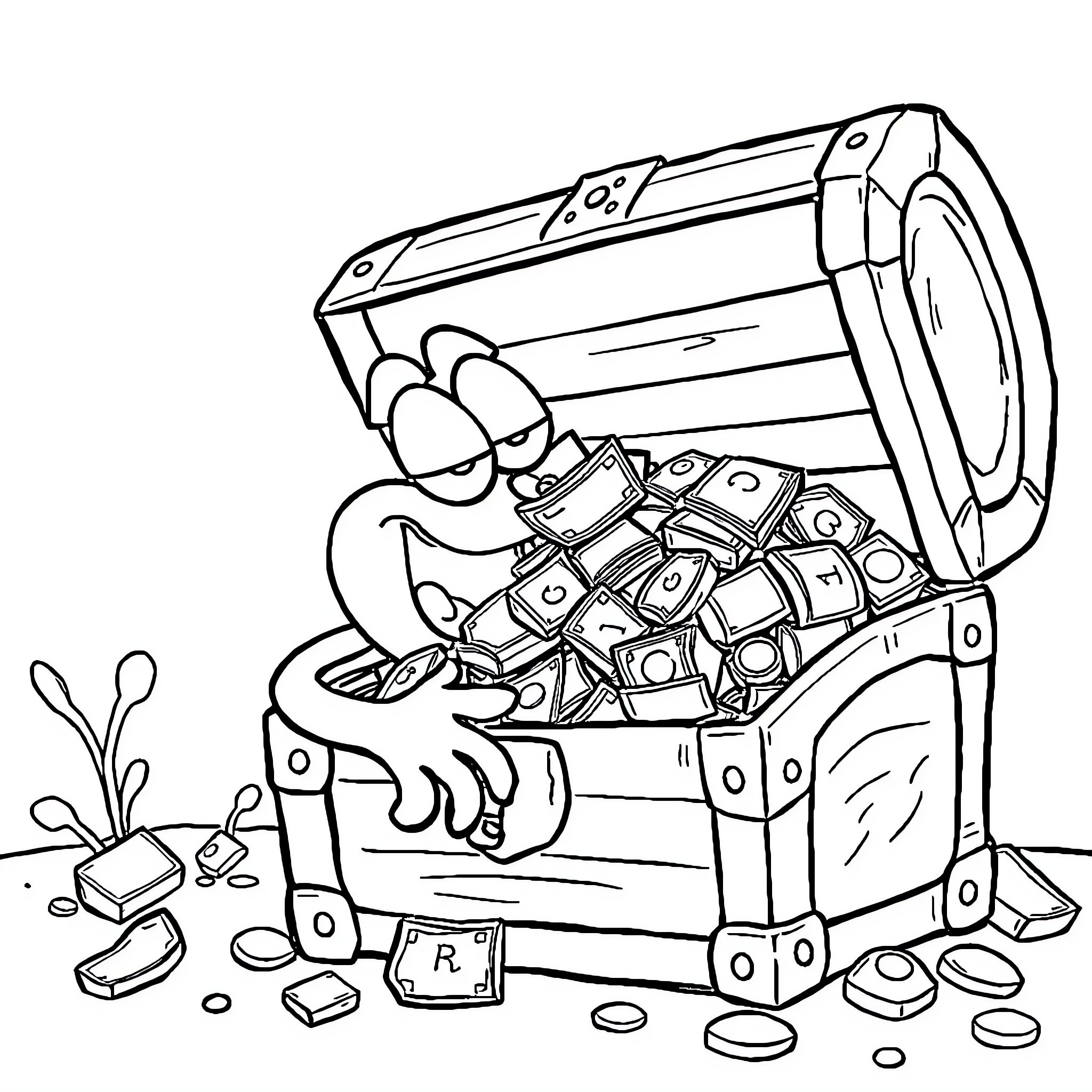 Mr. Krabs' Treasure Chest Overflowing with Riches Coloring Page (free black-and-white line drawing printable PDF for all, from beginners to advanced learners, including children, teens, adults, and seniors)