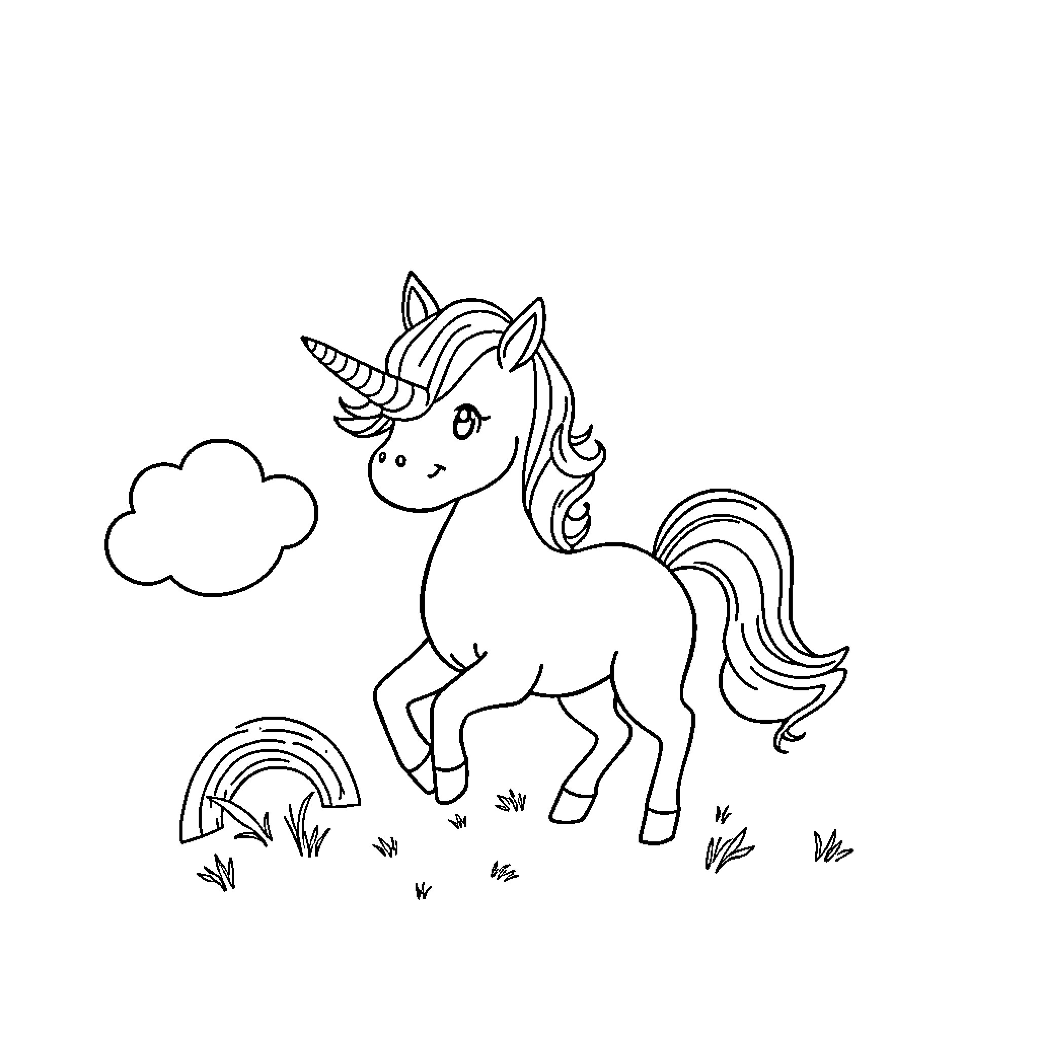 Unicorn standing happily in a grassy field Coloring Page (free black-and-white line drawing printable PDF for all, from beginners to advanced learners, including children, teens, adults, and seniors)