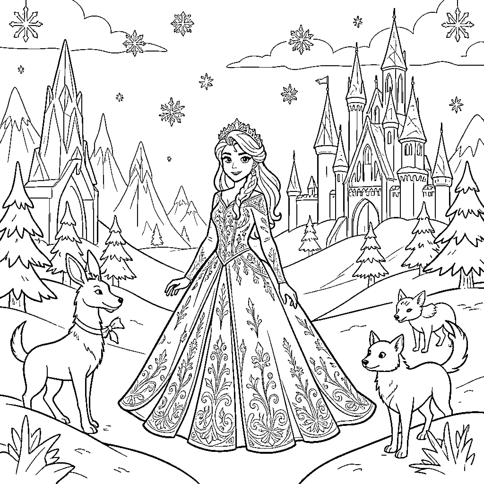 Snow Queen standing elegantly among animals and a castle Coloring Page (free black-and-white line drawing printable PDF for all, from beginners to advanced learners, including children, teens, adults, and seniors)
