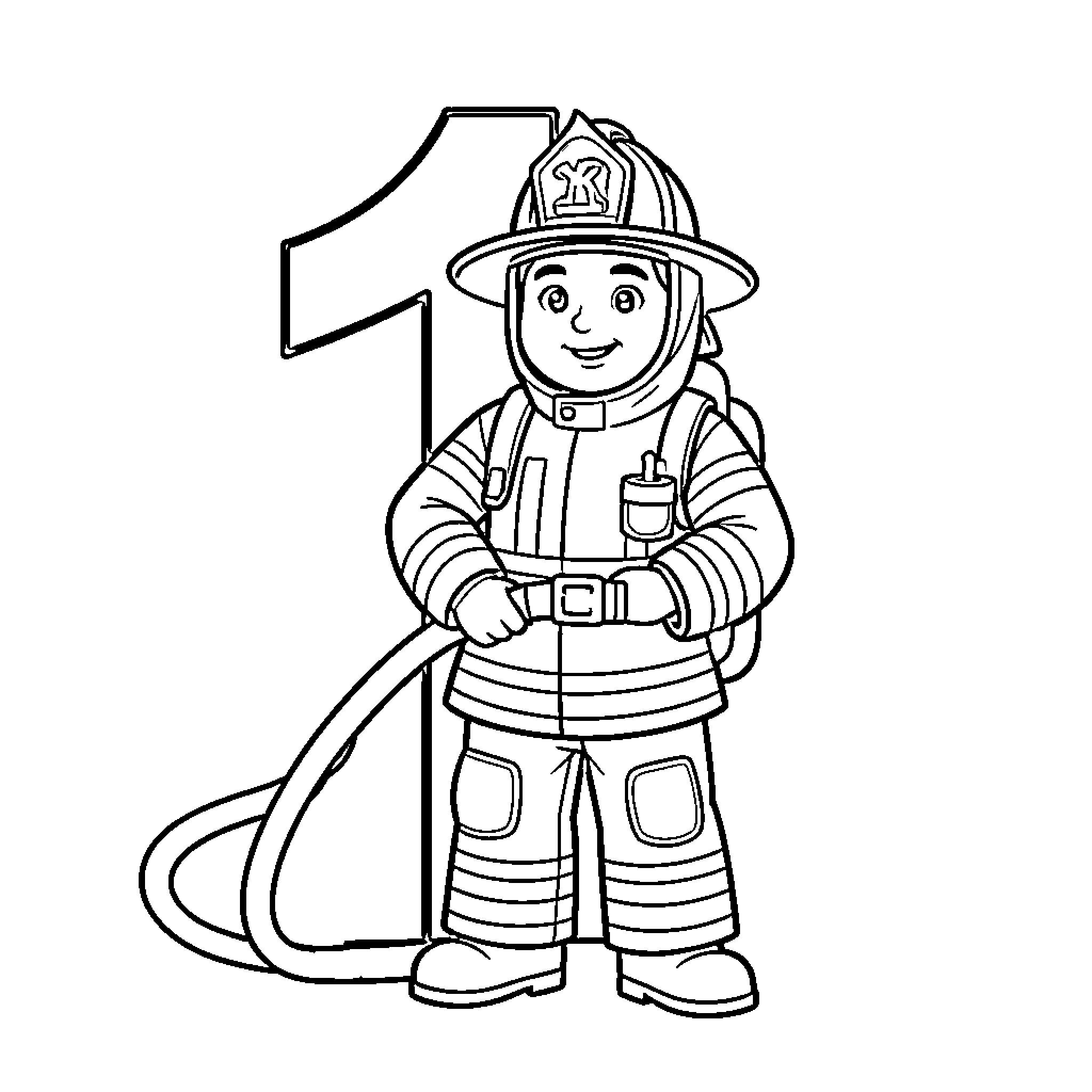 Firefighter Proudly Displaying Equipment and Uniform Coloring Page (free black-and-white line drawing printable PDF for all, from beginners to advanced learners, including children, teens, adults, and seniors)