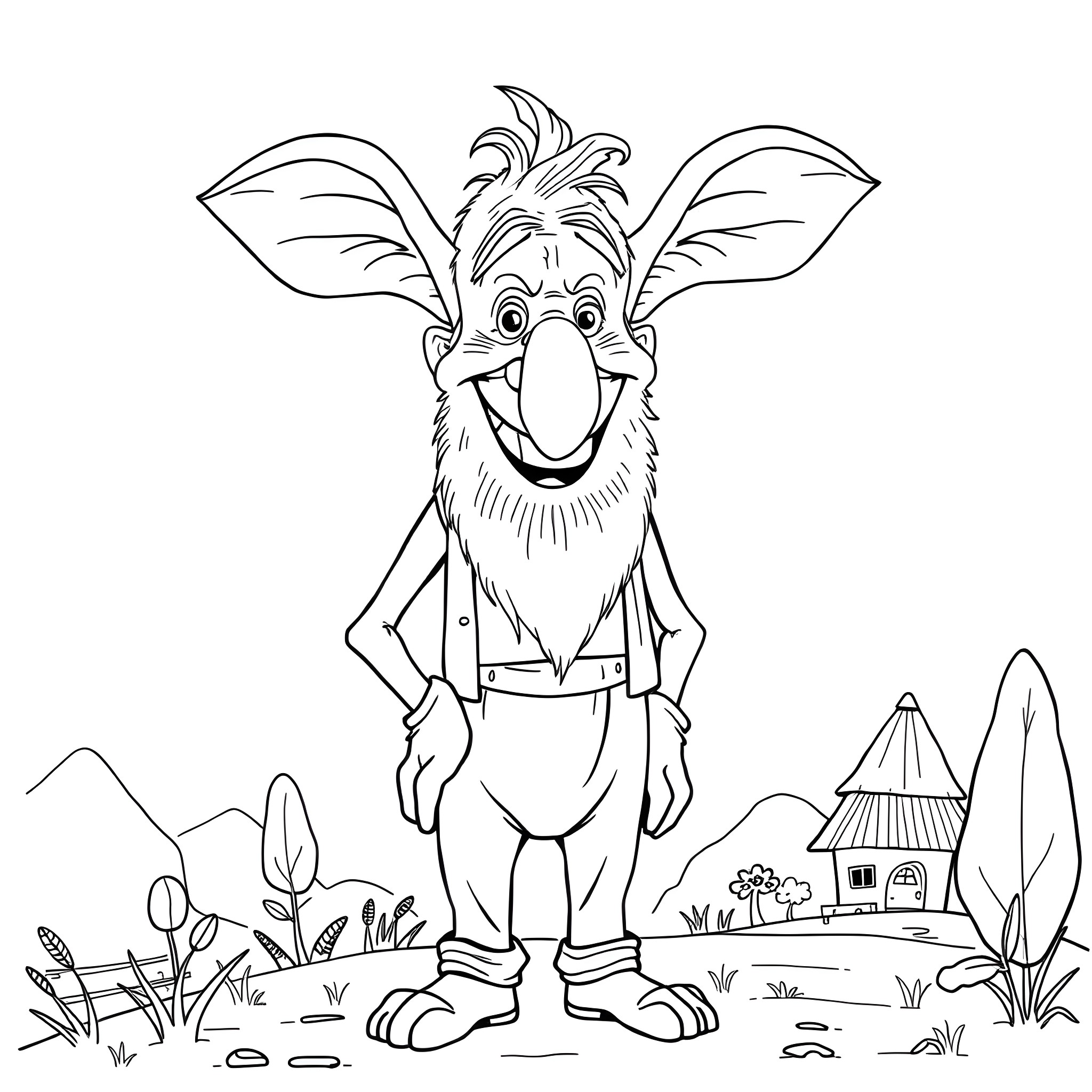 Man with large ears standing in nature Coloring Page (free black-and-white line drawing printable PDF for all, from beginners to advanced learners, including children, teens, adults, and seniors)