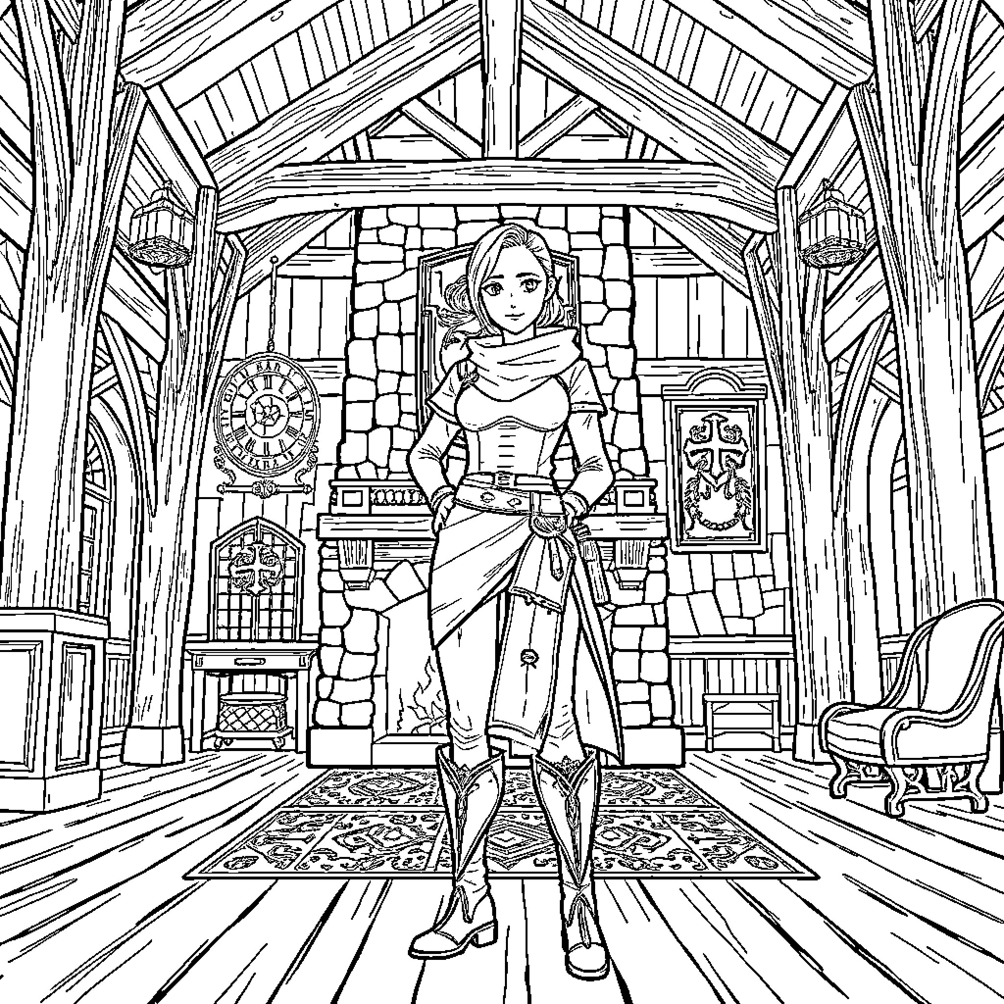 Ruby Rose's Heroic Stance in a Fantastical Abode Coloring Page (free black-and-white line drawing printable PDF for all, from beginners to advanced learners, including children, teens, adults, and seniors)