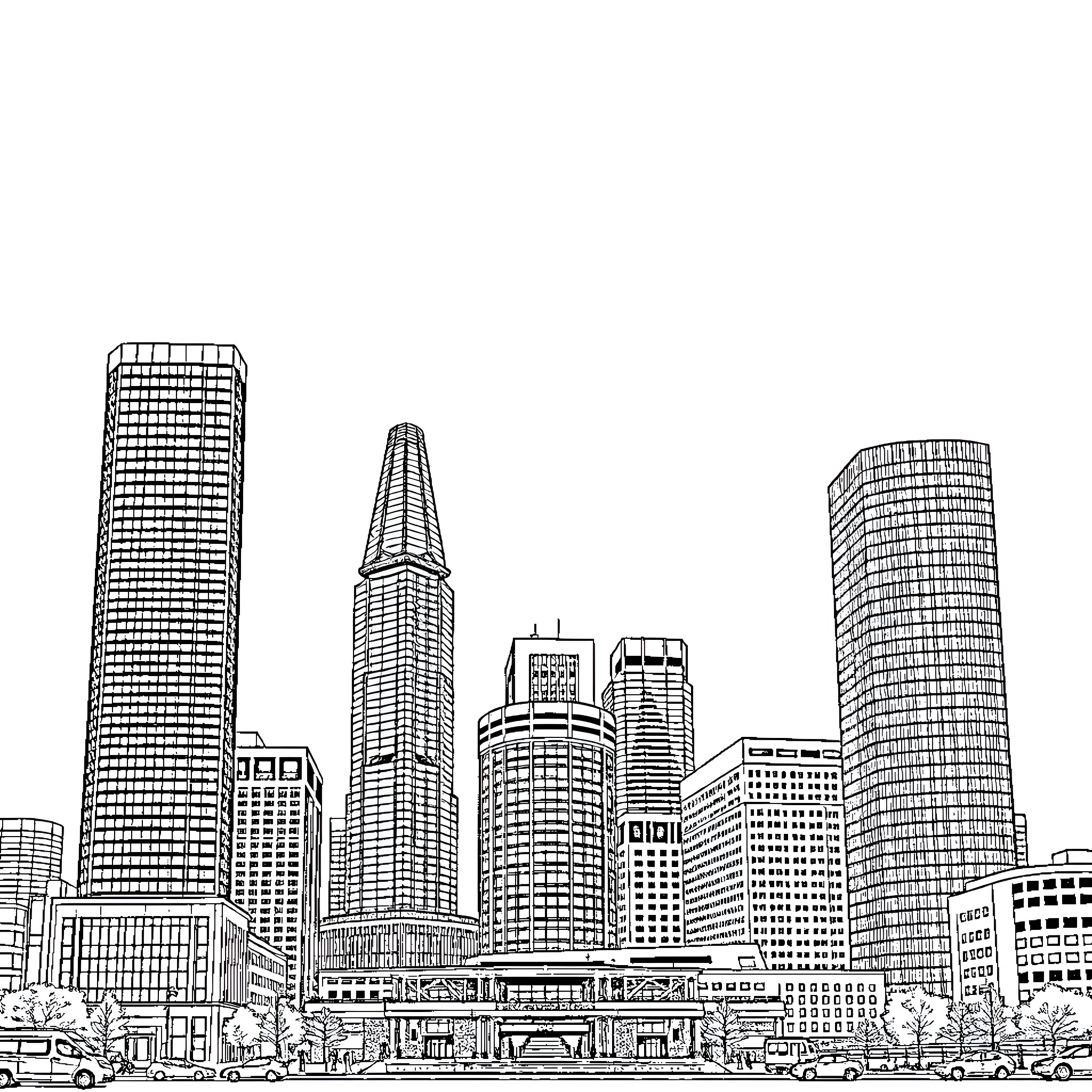 Boston Skyline with Towering Skyscrapers and Busy Street Coloring Page (free black-and-white line drawing printable PDF for all, from beginners to advanced learners, including children, teens, adults, and seniors)