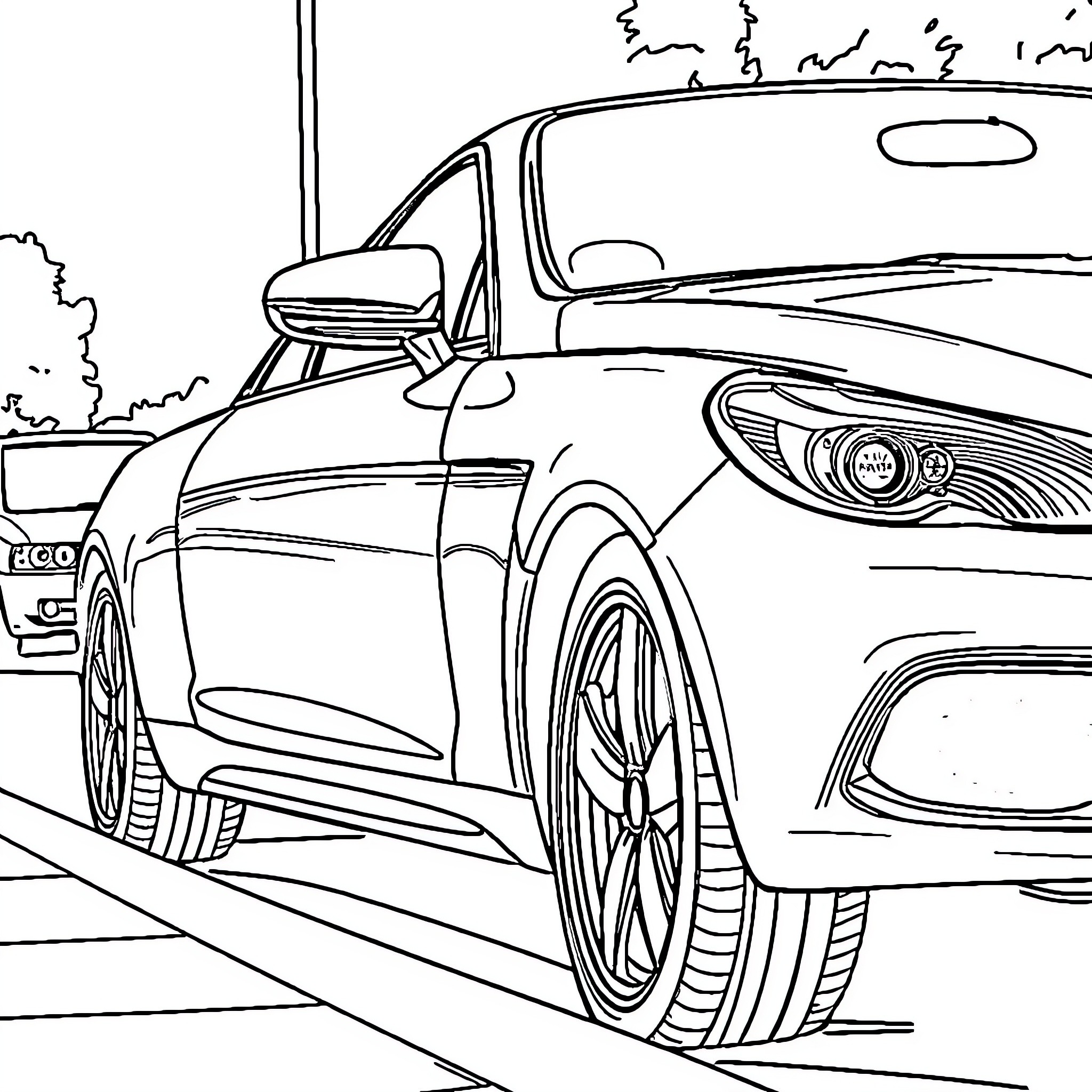 Car parked on the street with detailed styling Coloring Page (free black-and-white line drawing printable PDF for all, from beginners to advanced learners, including children, teens, adults, and seniors)