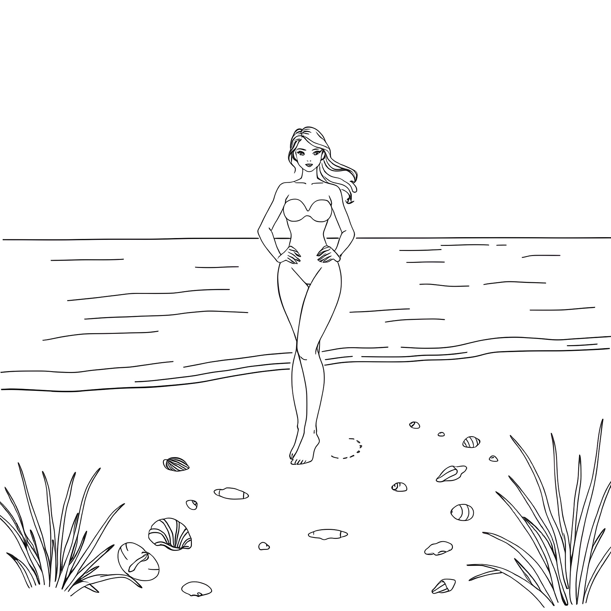 Lady Enjoying a Peaceful Day at the Beach Coloring Page (free black-and-white line drawing printable PDF for all, from beginners to advanced learners, including children, teens, adults, and seniors)