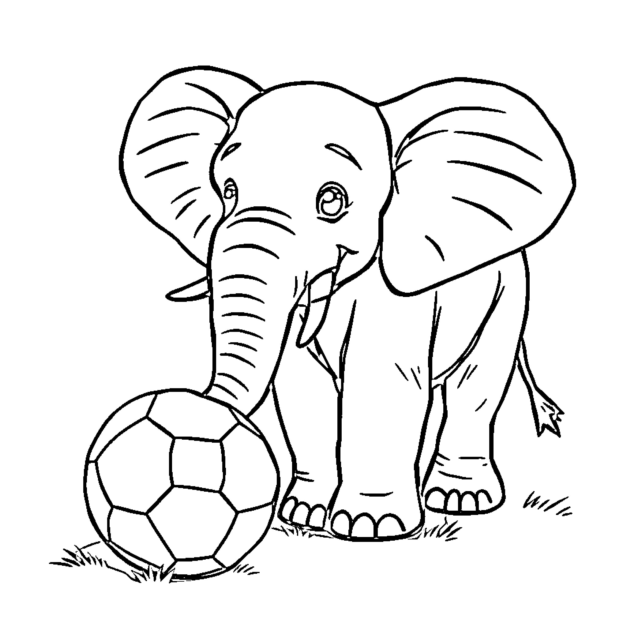 Elephant playing with soccer ball Coloring Page (free black-and-white line drawing printable PDF for all, from beginners to advanced learners, including children, teens, adults, and seniors)