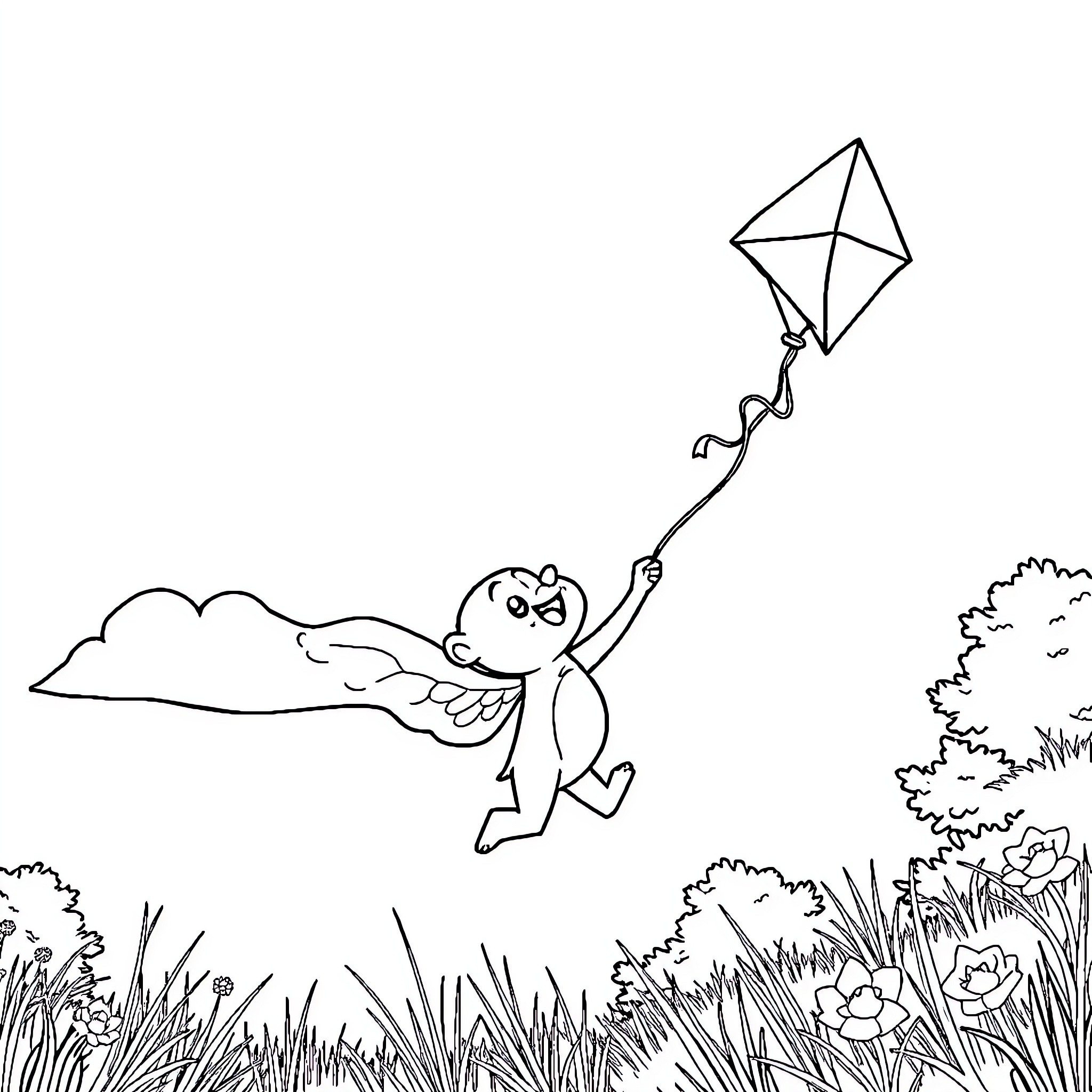 Bluey flying a kite in the park Coloring Page (free black-and-white line drawing printable PDF for all, from beginners to advanced learners, including children, teens, adults, and seniors)