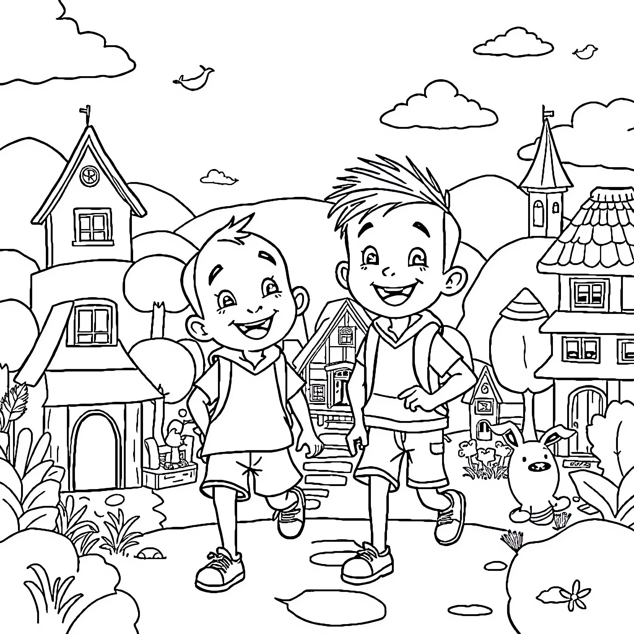 Upin Dan Ipin Exploring Picturesque Countryside Coloring Page (free black-and-white line drawing printable PDF for all, from beginners to advanced learners, including children, teens, adults, and seniors)