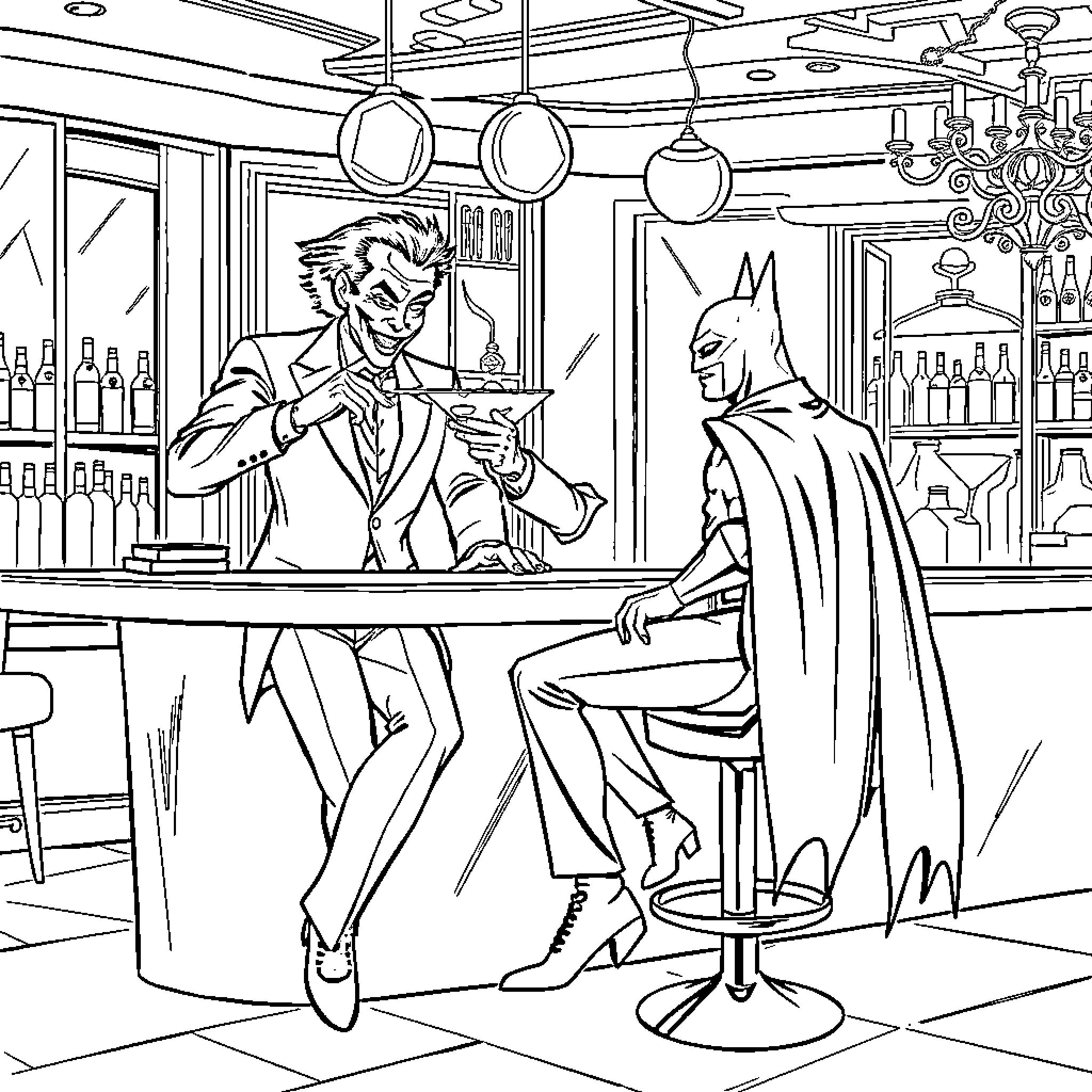 Joker and Batman in a Smoky Bar Encounter Coloring Page (free black-and-white line drawing printable PDF for all, from beginners to advanced learners, including children, teens, adults, and seniors)