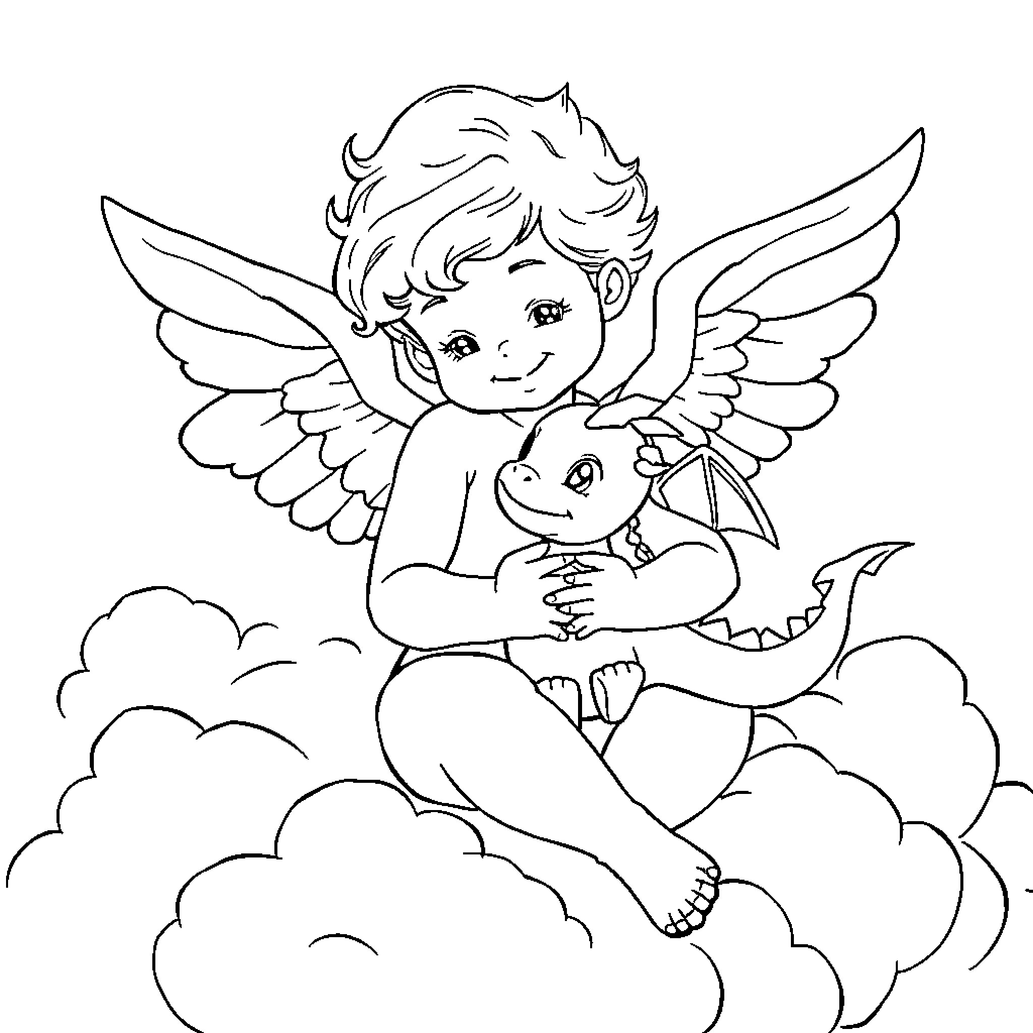 Cupid cherishing a small dragon on the clouds Coloring Page (free black-and-white line drawing printable PDF for all, from beginners to advanced learners, including children, teens, adults, and seniors)