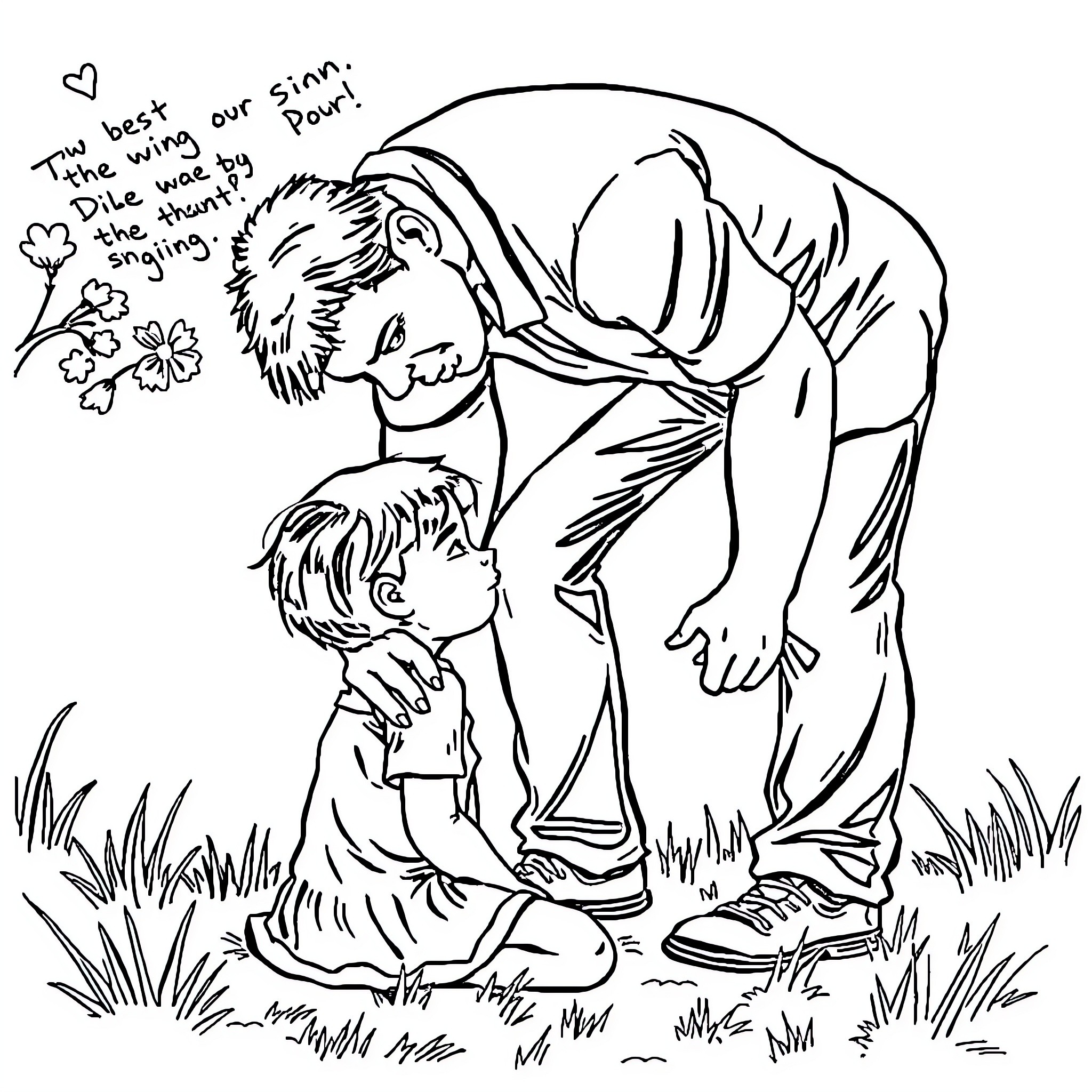 Boy comforting and guiding another boy in nature Coloring Page (free black-and-white line drawing printable PDF for all, from beginners to advanced learners, including children, teens, adults, and seniors)