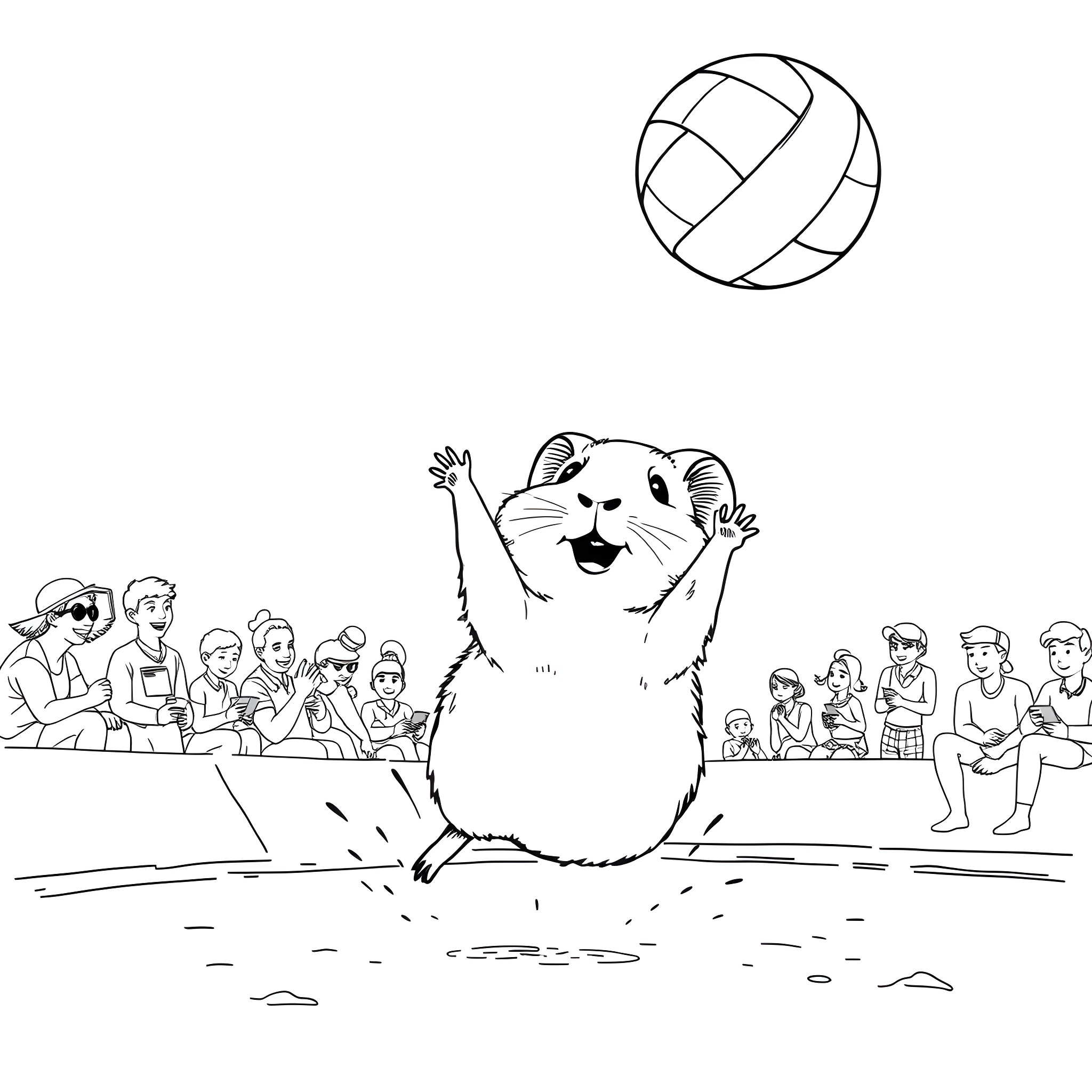Guinea Pig Playing with Volleyball Amidst Crowd Coloring Page (free black-and-white line drawing printable PDF for all, from beginners to advanced learners, including children, teens, adults, and seniors)