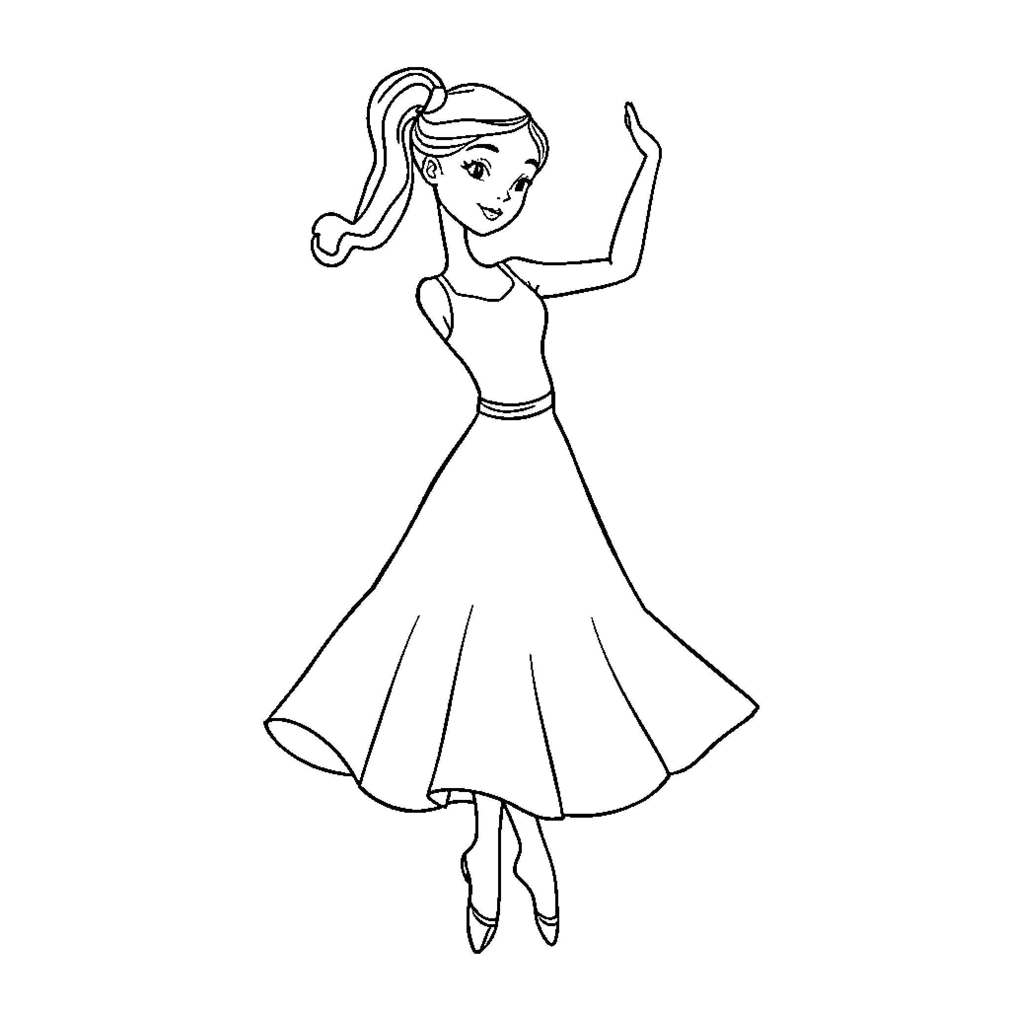 Dancing Girl in Flowing Dress Coloring Page (free black-and-white line drawing printable PDF for all, from beginners to advanced learners, including children, teens, adults, and seniors)