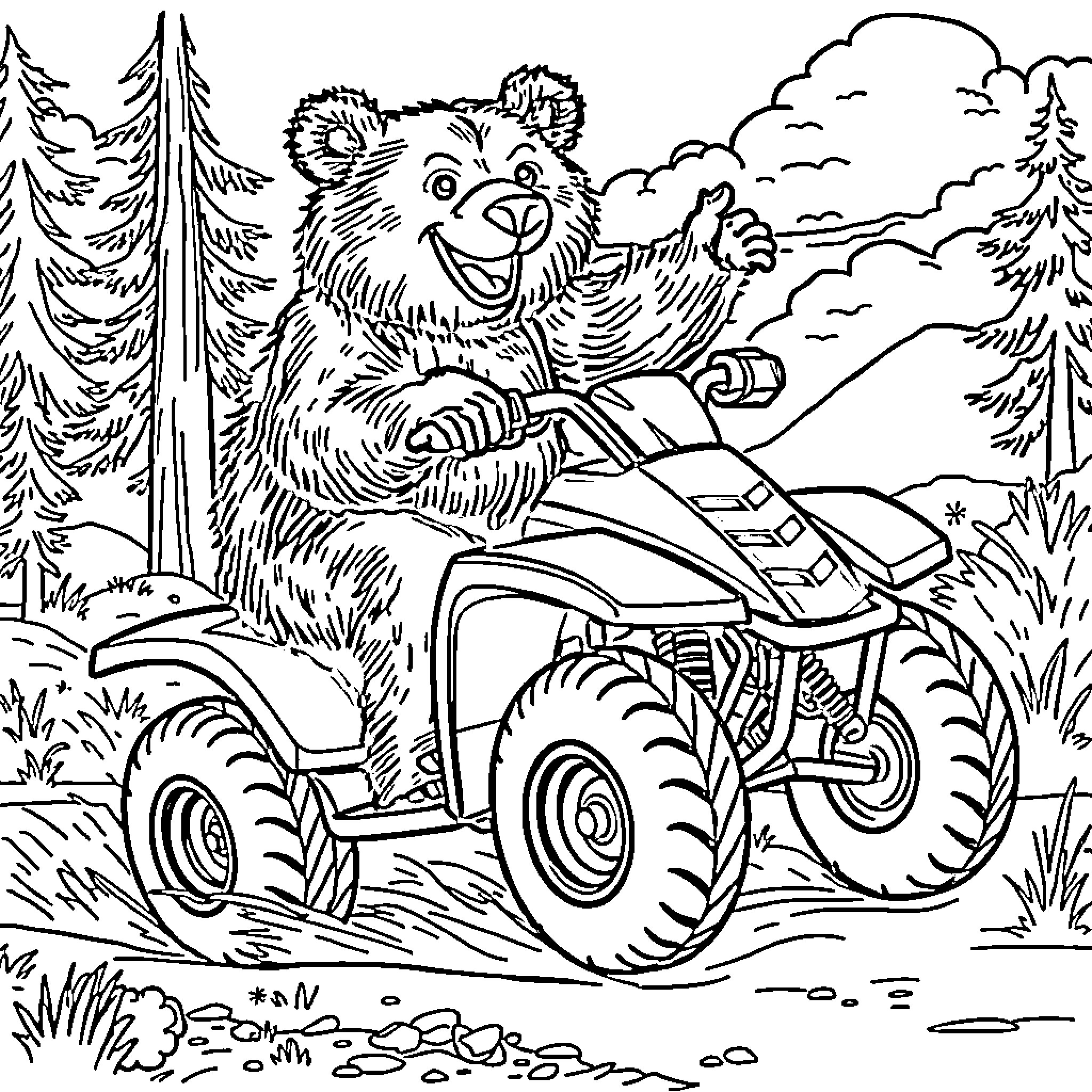 Grizzly Bear riding an all-terrain vehicle in the forest Coloring Page (free black-and-white line drawing printable PDF for all, from beginners to advanced learners, including children, teens, adults, and seniors)