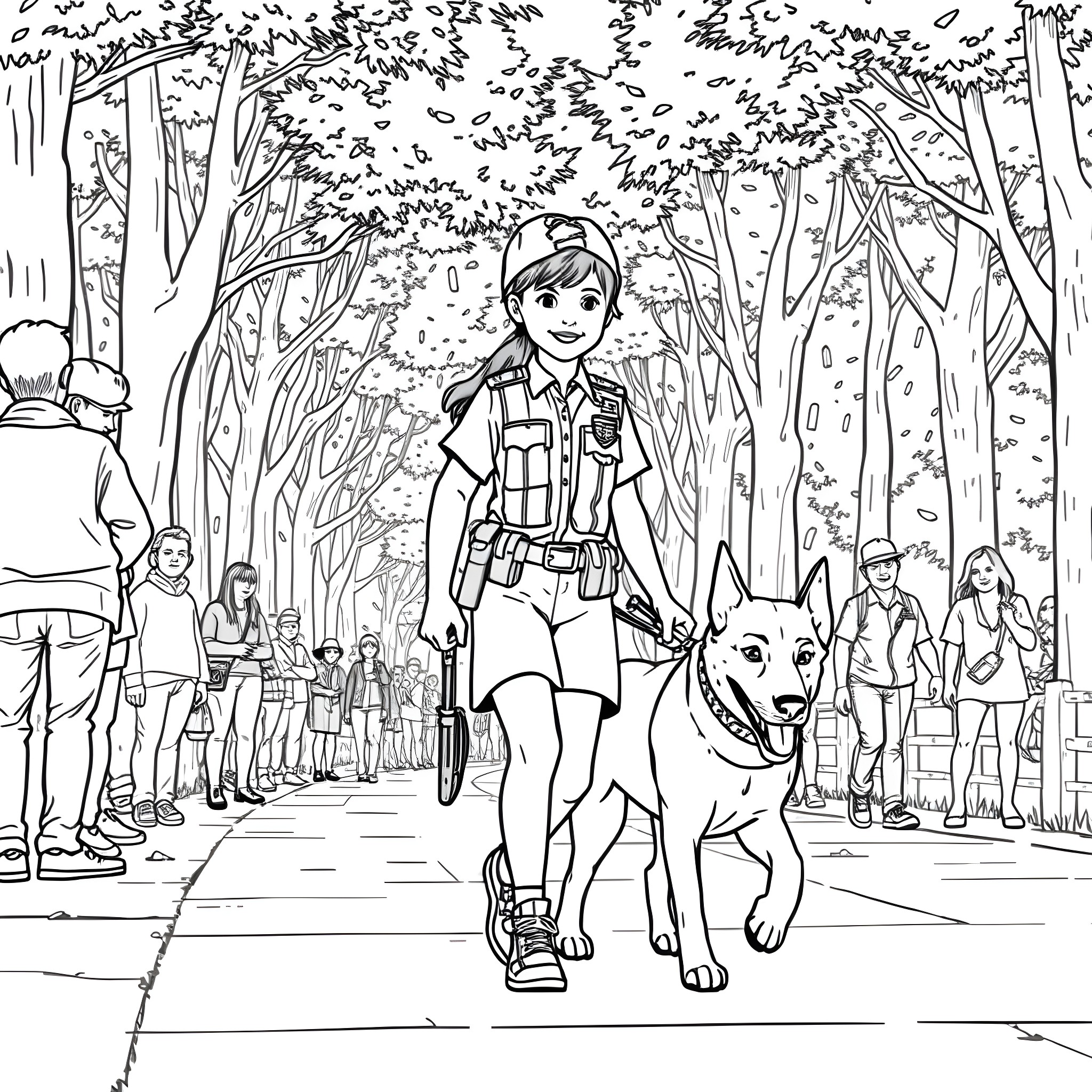 Girl in uniform walking dog in park with people Coloring Page (free black-and-white line drawing printable PDF for all, from beginners to advanced learners, including children, teens, adults, and seniors)