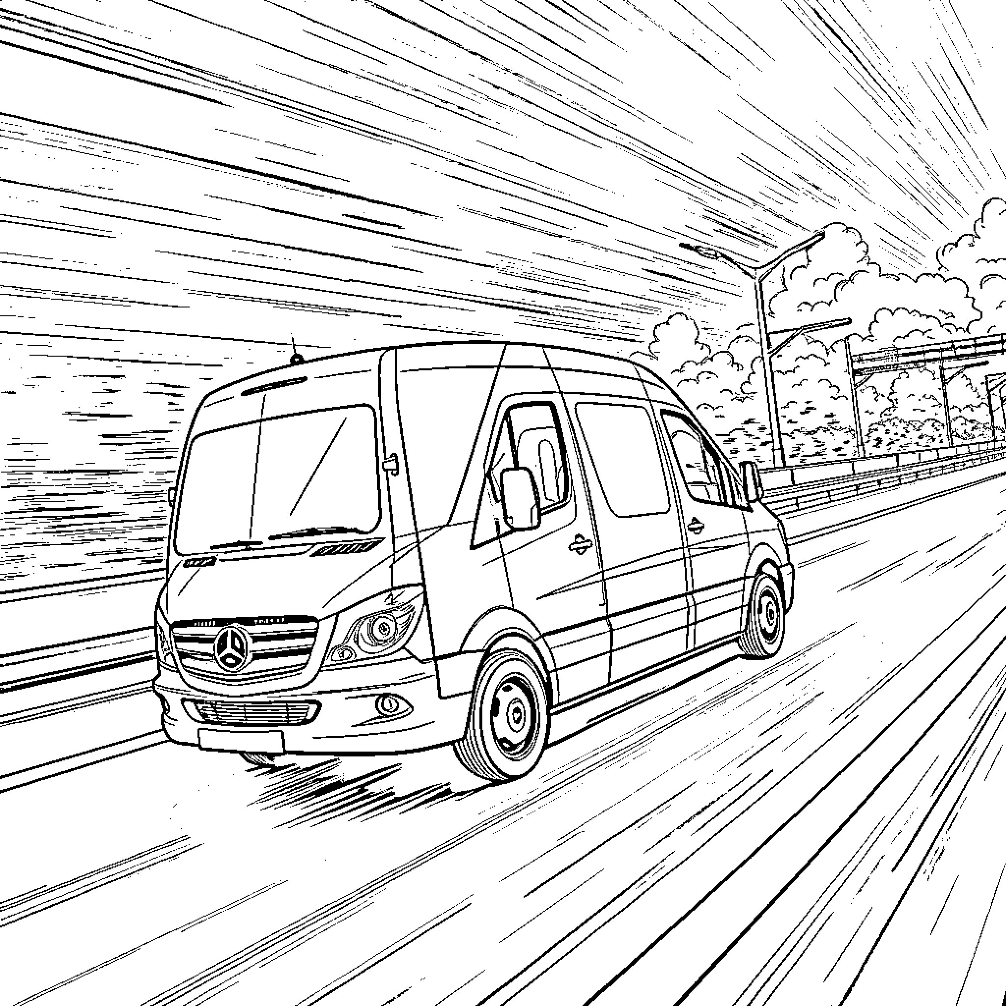 Mercedes Vito vehicle speeding on the road Coloring Page (free black-and-white line drawing printable PDF for all, from beginners to advanced learners, including children, teens, adults, and seniors)