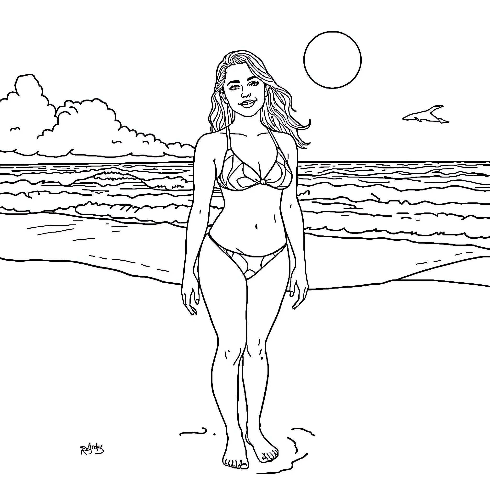 Sydney Sweeney enjoying the beach in a swimsuit Coloring Page (free black-and-white line drawing printable PDF for all, from beginners to advanced learners, including children, teens, adults, and seniors)