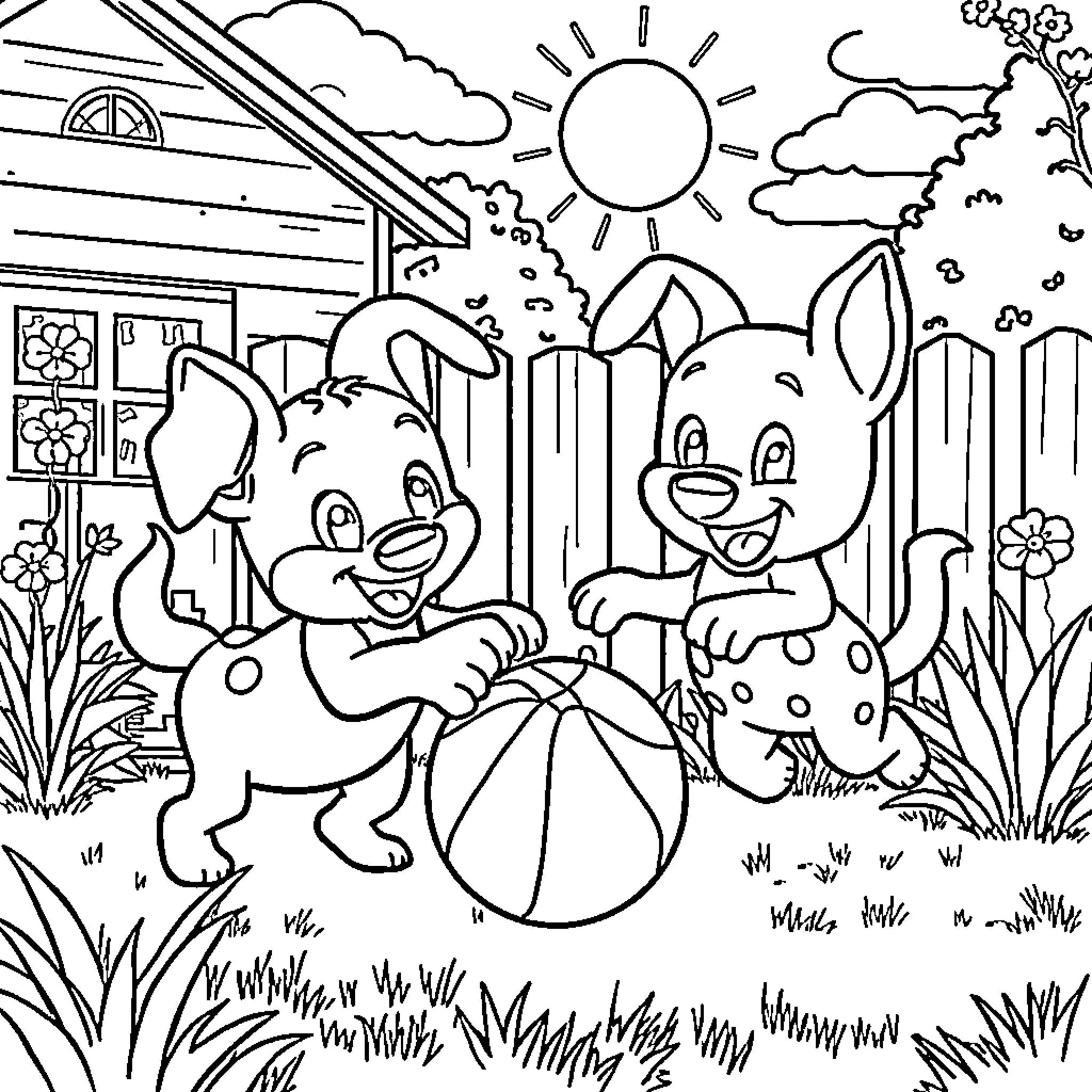 Bluey and friends playing with ball in the backyard Coloring Page (free black-and-white line drawing printable PDF for all, from beginners to advanced learners, including children, teens, adults, and seniors)