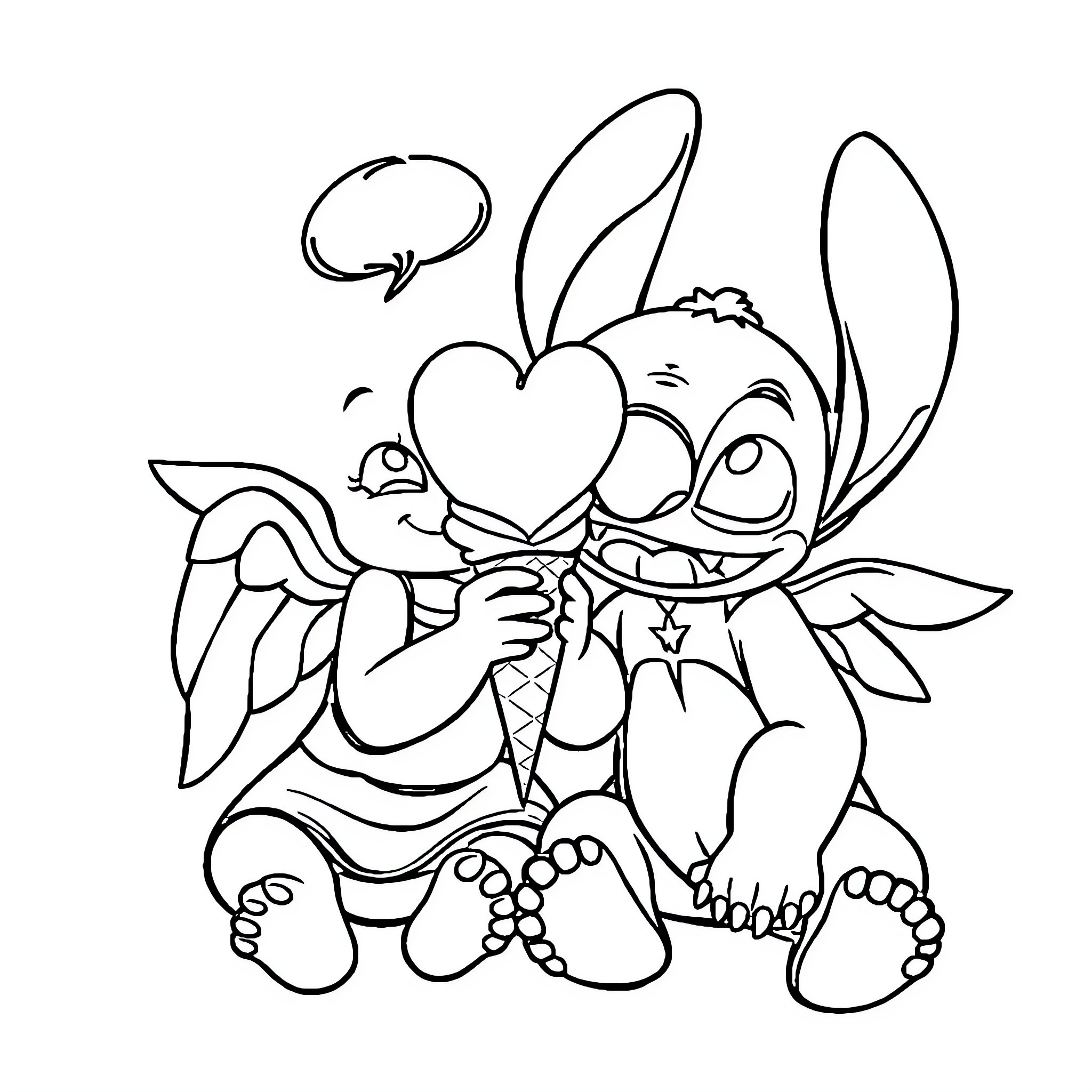 Angel Stitch embracing heart Coloring Page (free black-and-white line drawing printable PDF for all, from beginners to advanced learners, including children, teens, adults, and seniors)